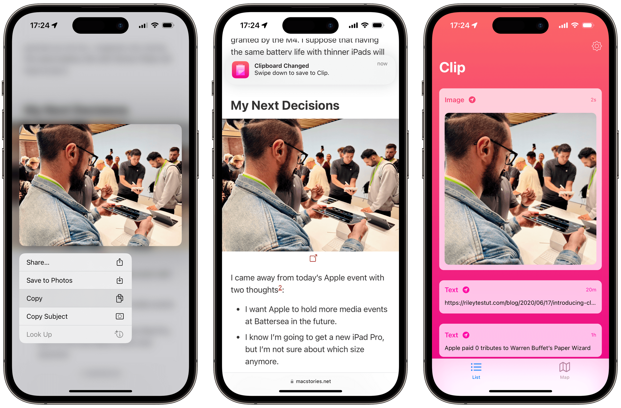 Clip sends you a notification every time you copy something on iOS. Simply swipe down on the notification to add it to Clip without leaving the app you're in. It even works with images.