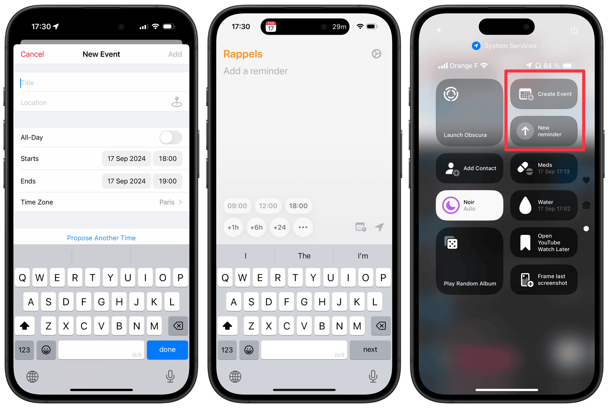 Fantastical's New Event sheet (left) and Remind Me Faster's main view (center) can quickly be accessed from their new controls in Control Center (right).