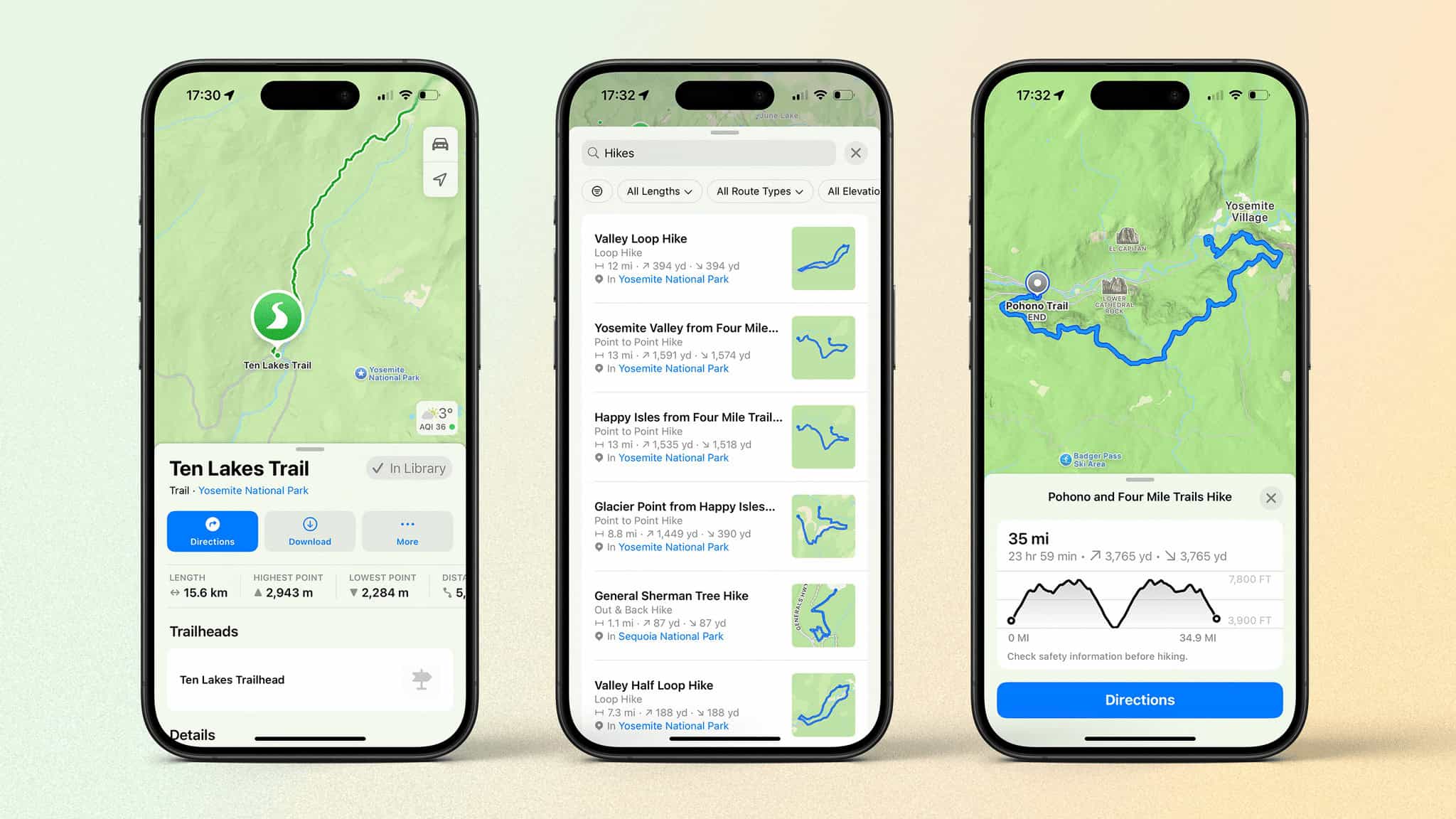 Browsing, searching, and viewing a hiking route on iOS.