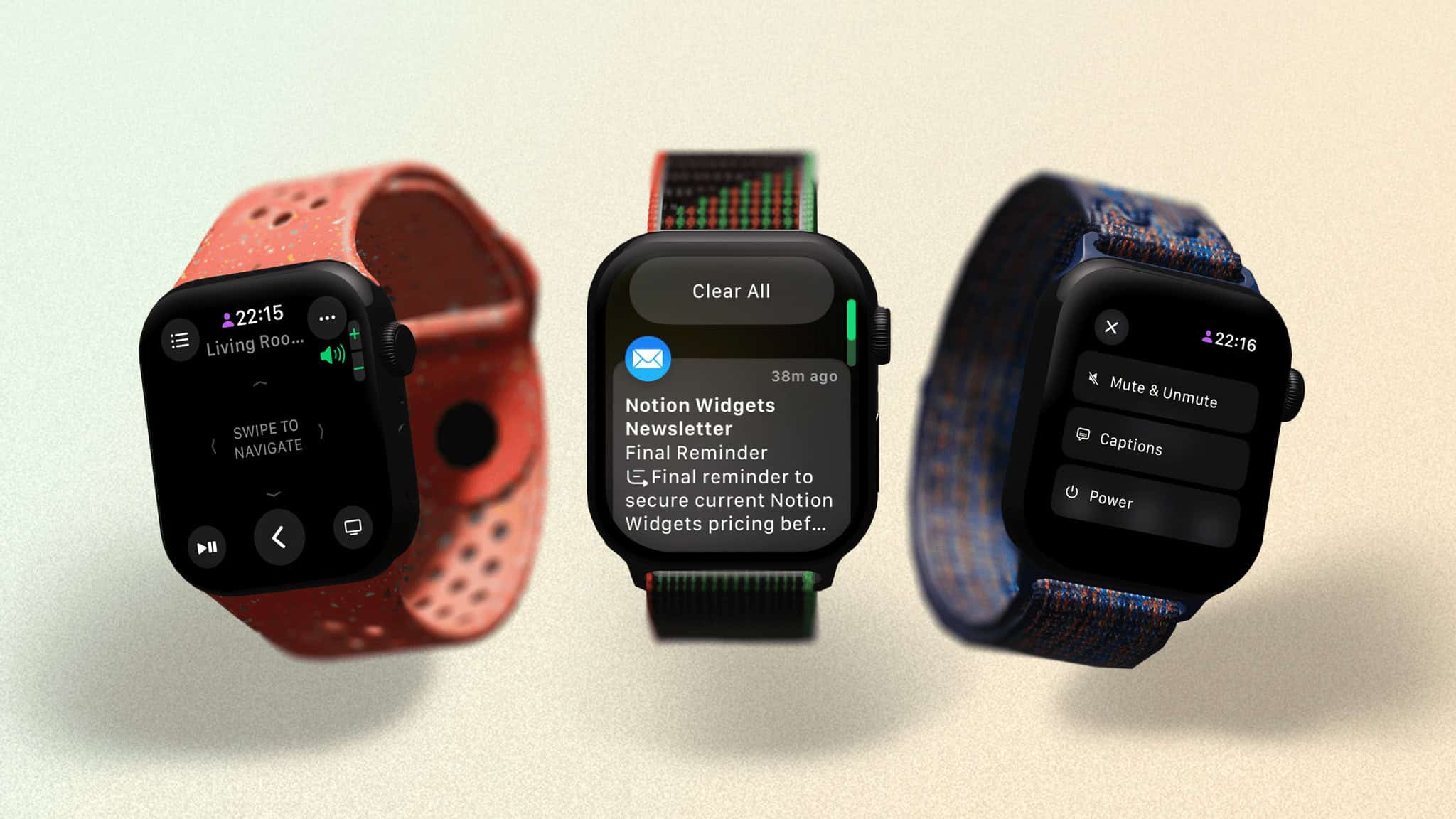 The new Remote app (left and right) and the only part of Apple Intelligence coming to watchOS: notification summaries.