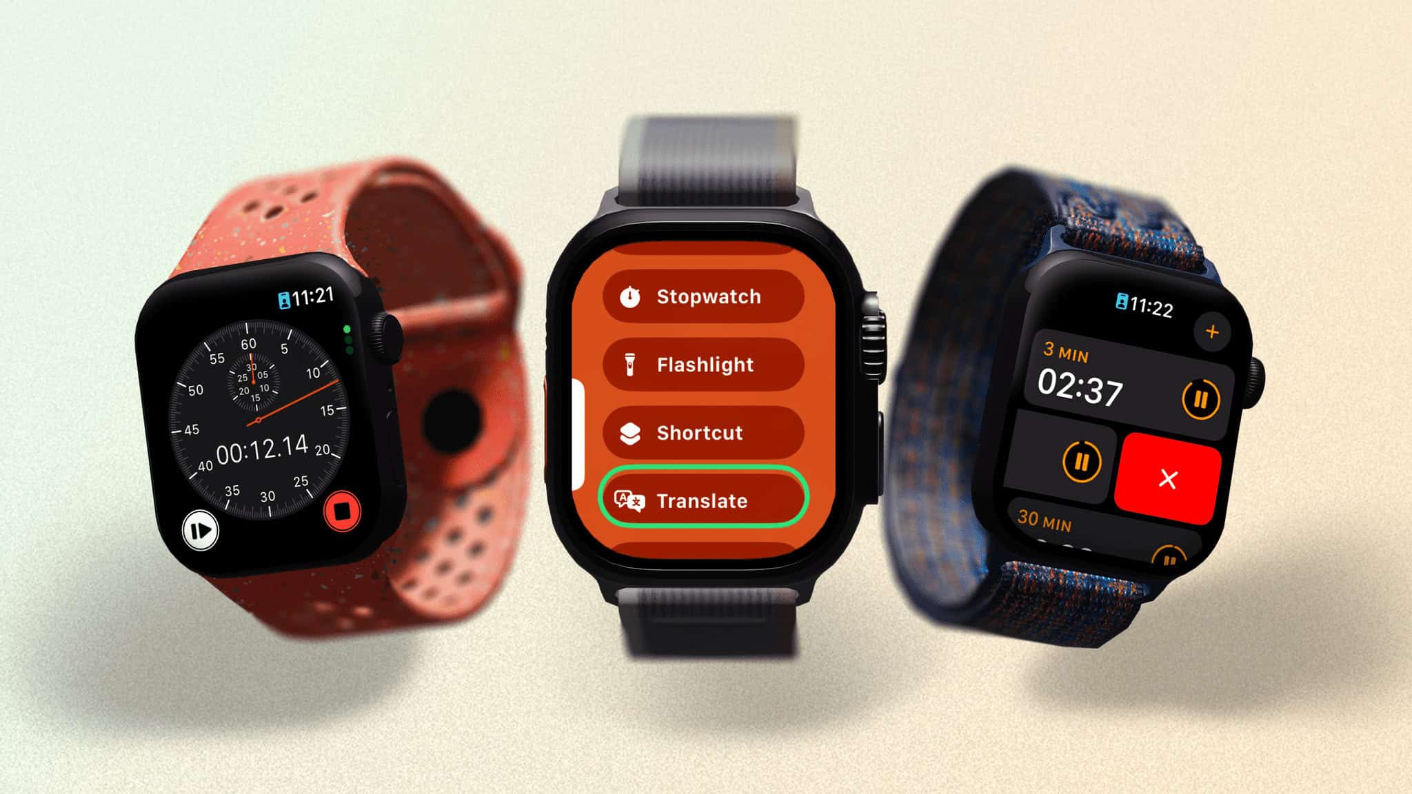 The new Quick Switch menu on the Apple Watch Ultra will be a favourite for Ultra fans. The new stopwatch (left) and timer (right) apps.