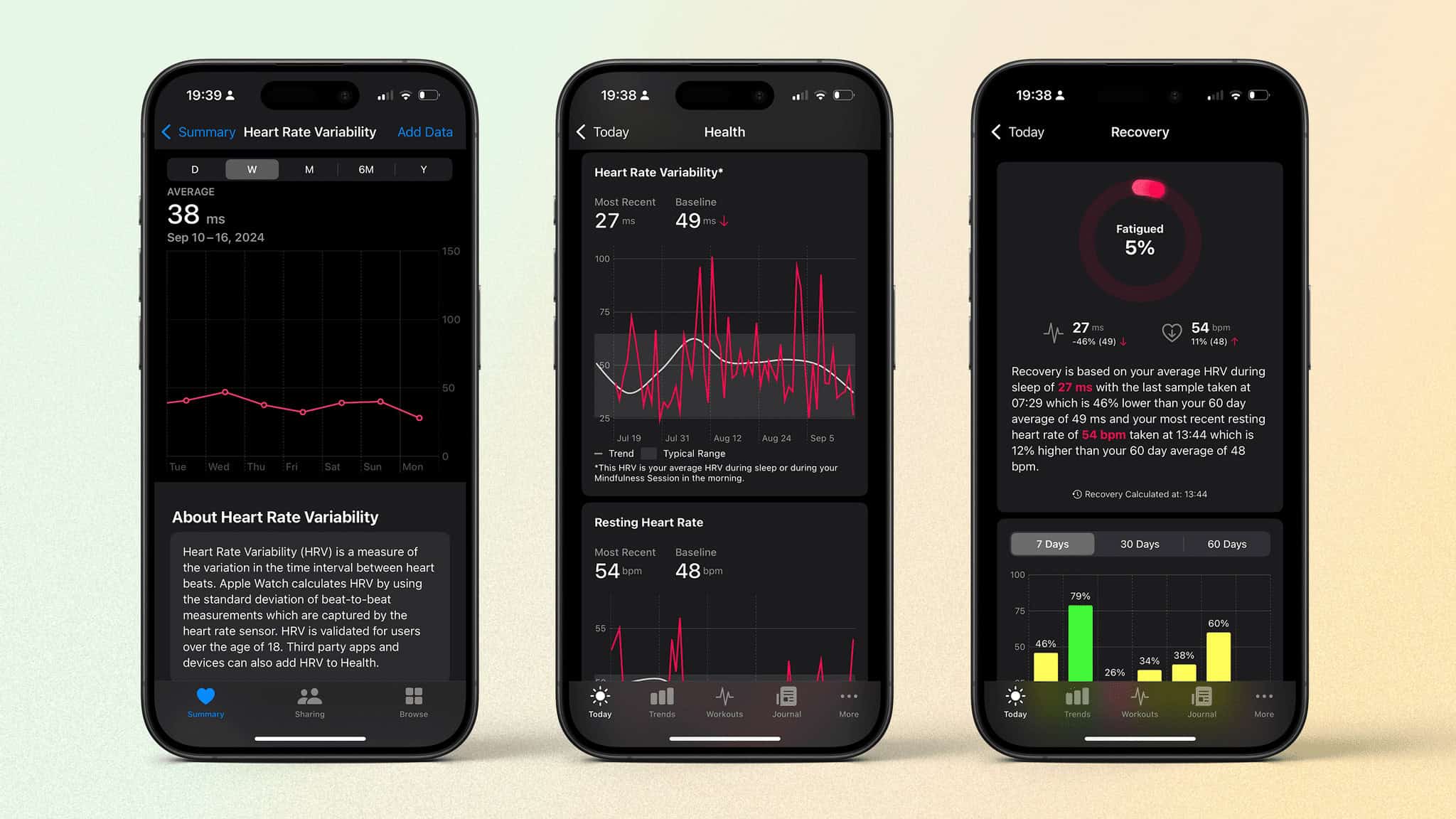 HRV in the Health app (left), in Athlytic (middle), and the recovery rating in Athlytic (right).