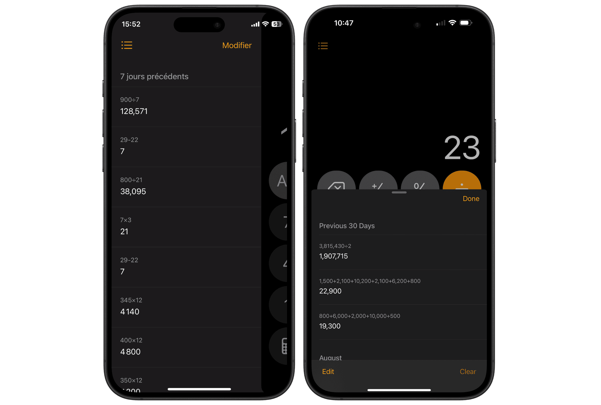Calculator History in iOS 18.0 (left) and iOS 18.1 (right)