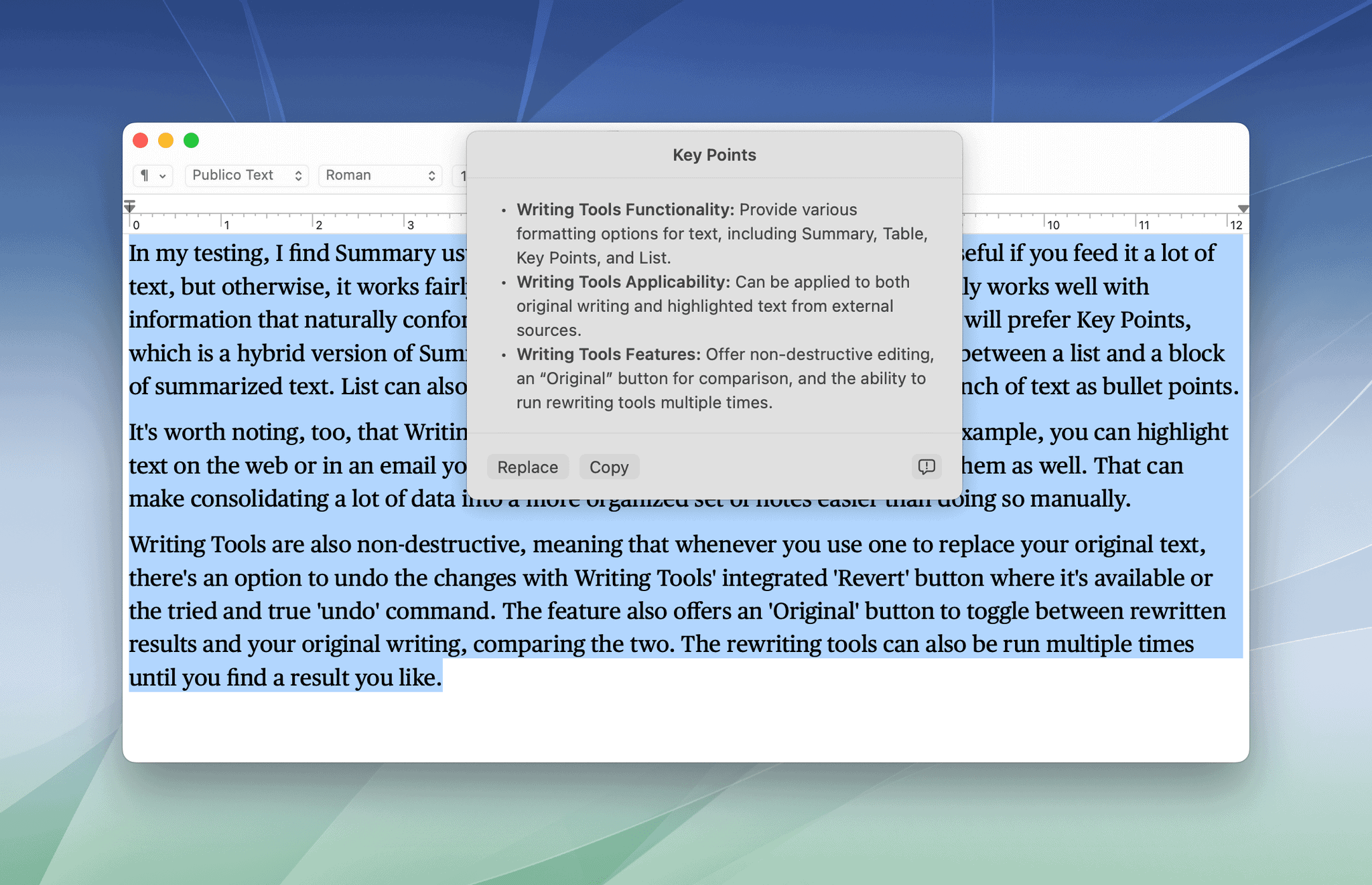 I've found Key Points to be the most useful of the Writing Tools' list and summary features.
