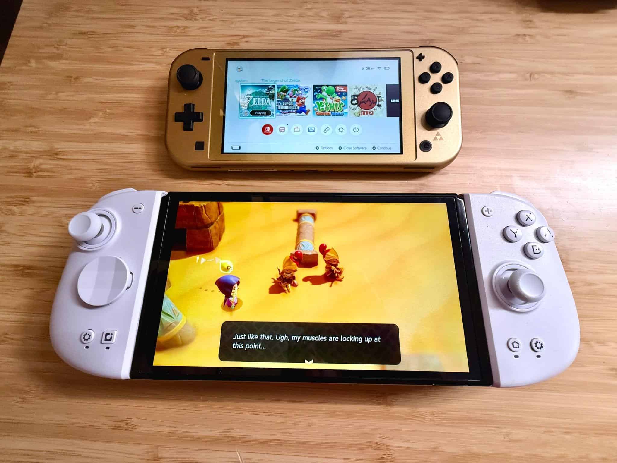 The Mobapad M6 HD Joycons with my OLED Switch and the Switch Lite Hyrule Edition.