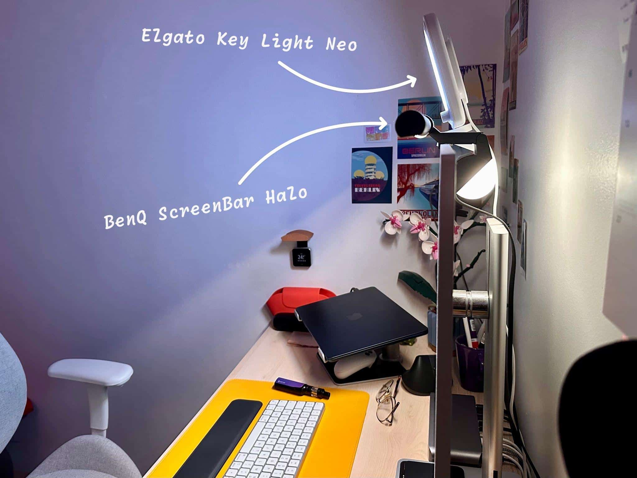 My monitor holds both the BenQ ScreenBar Halo and the Elgato Key Light Neo.