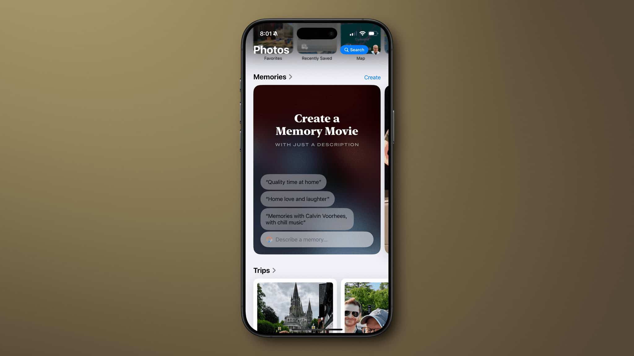 Apple suggests prompts to help get you started with Memory Movies.