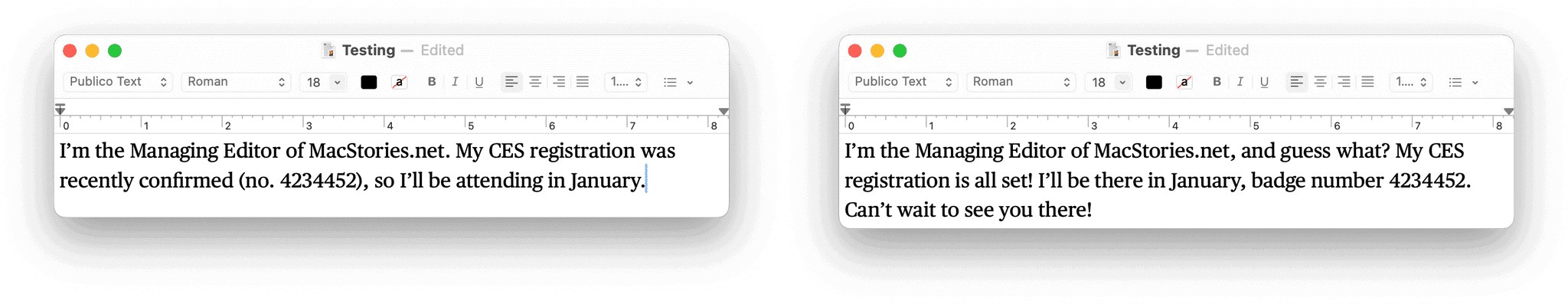 The rewriting tools' results aren't terrible, but they're often just a little too over the top. What I wrote (left) and Friendly (right).
