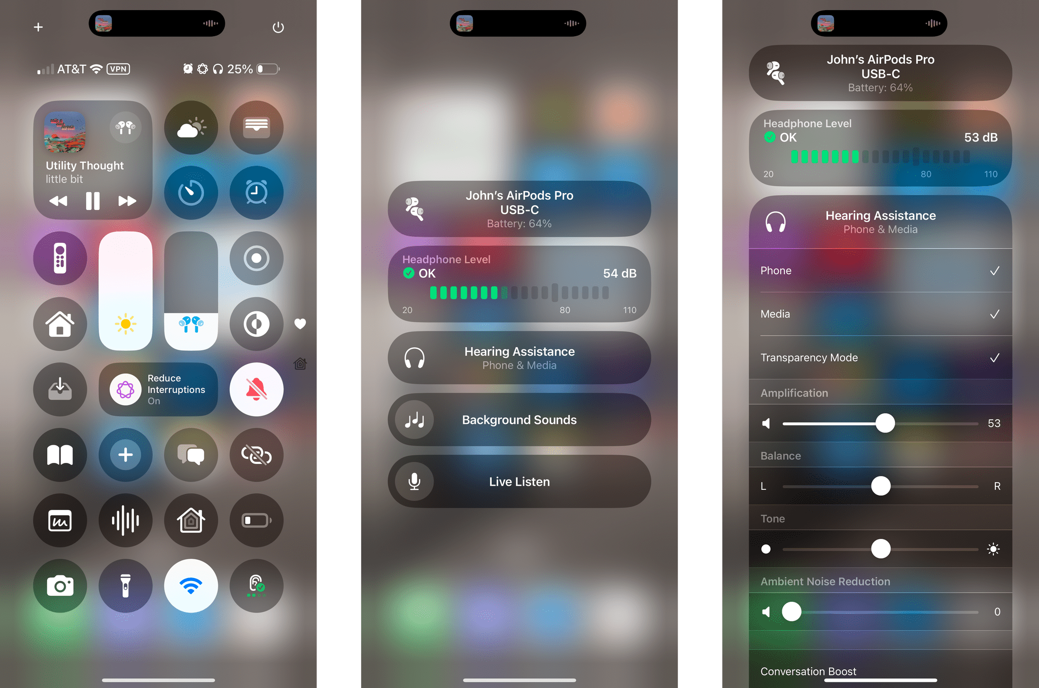 Managing the hearing assistance feature from Control Center.
