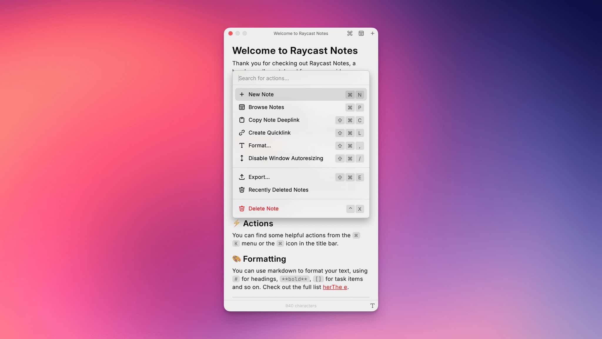 Raycast Notes actions.
