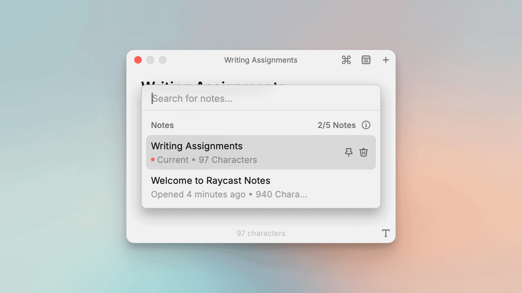 The Raycast Notes browser.