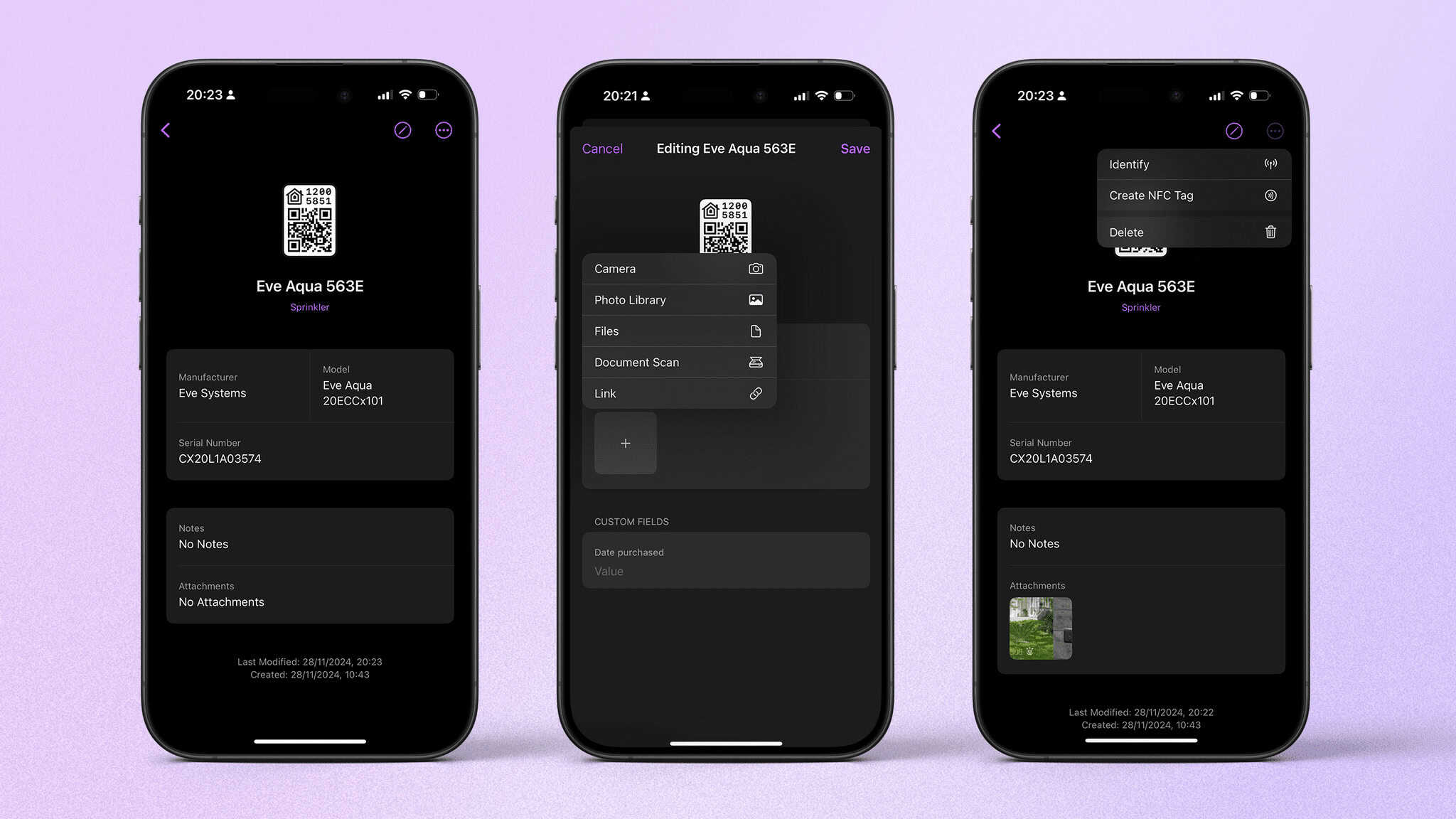 In the device details view, you can now add attachments, and it’s easy to get the device to identify itself.