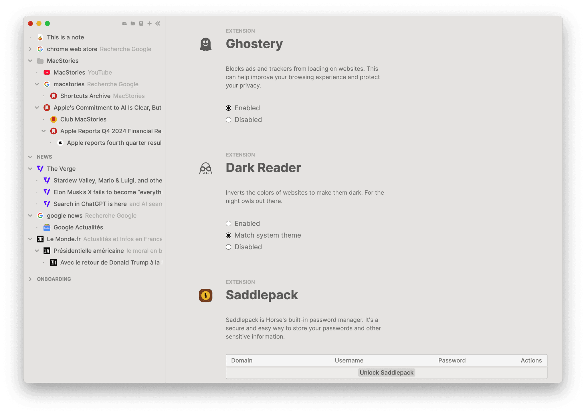 Horse Browser ships with three built-in extensions…