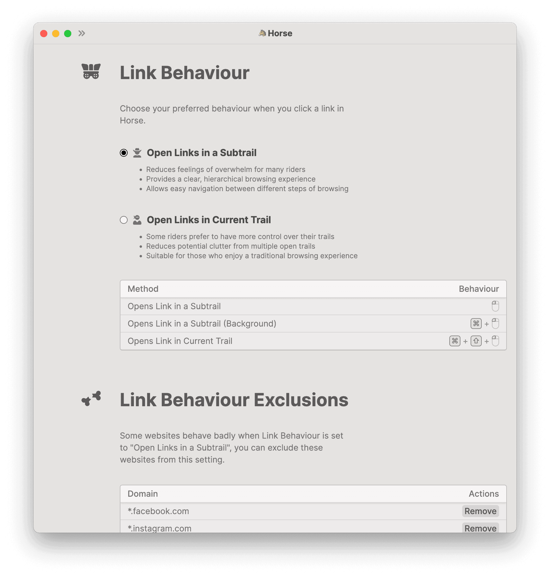 Link behavior settings let you reign in Horse's tendency to create a new subtrail branch for every link you click.