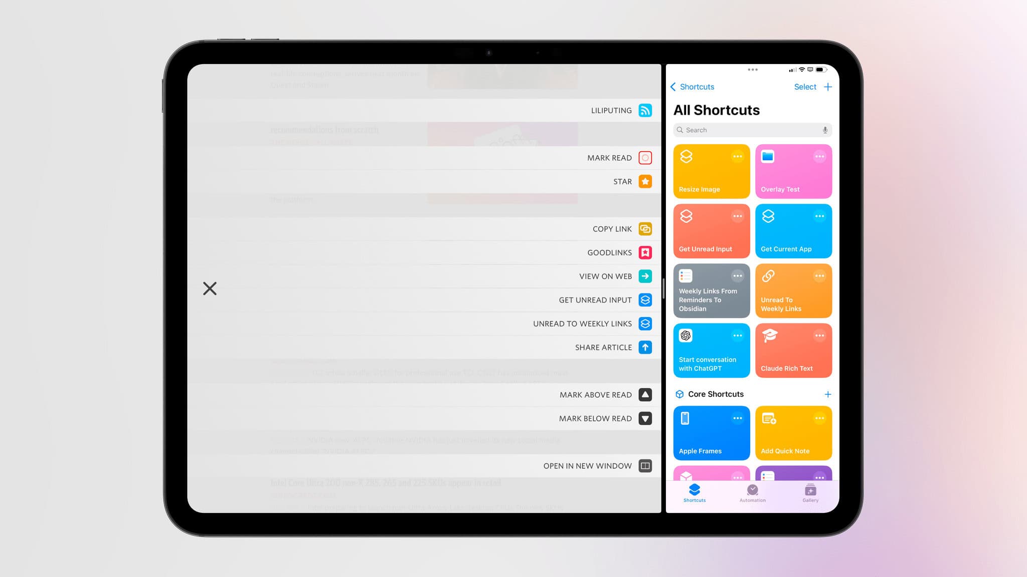Unread's new custom shortcuts.