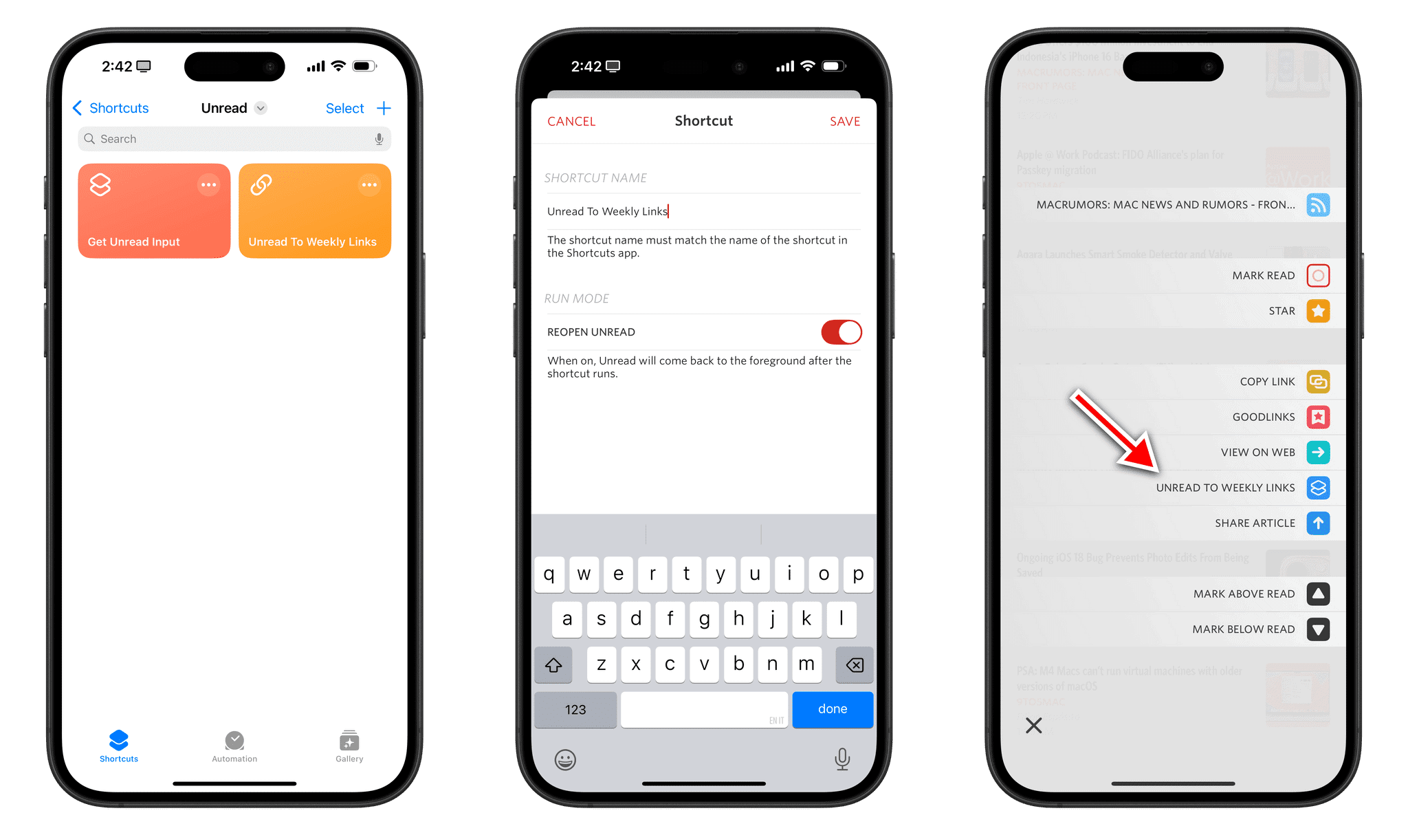 Setting up custom actions for shortcuts in Unread.