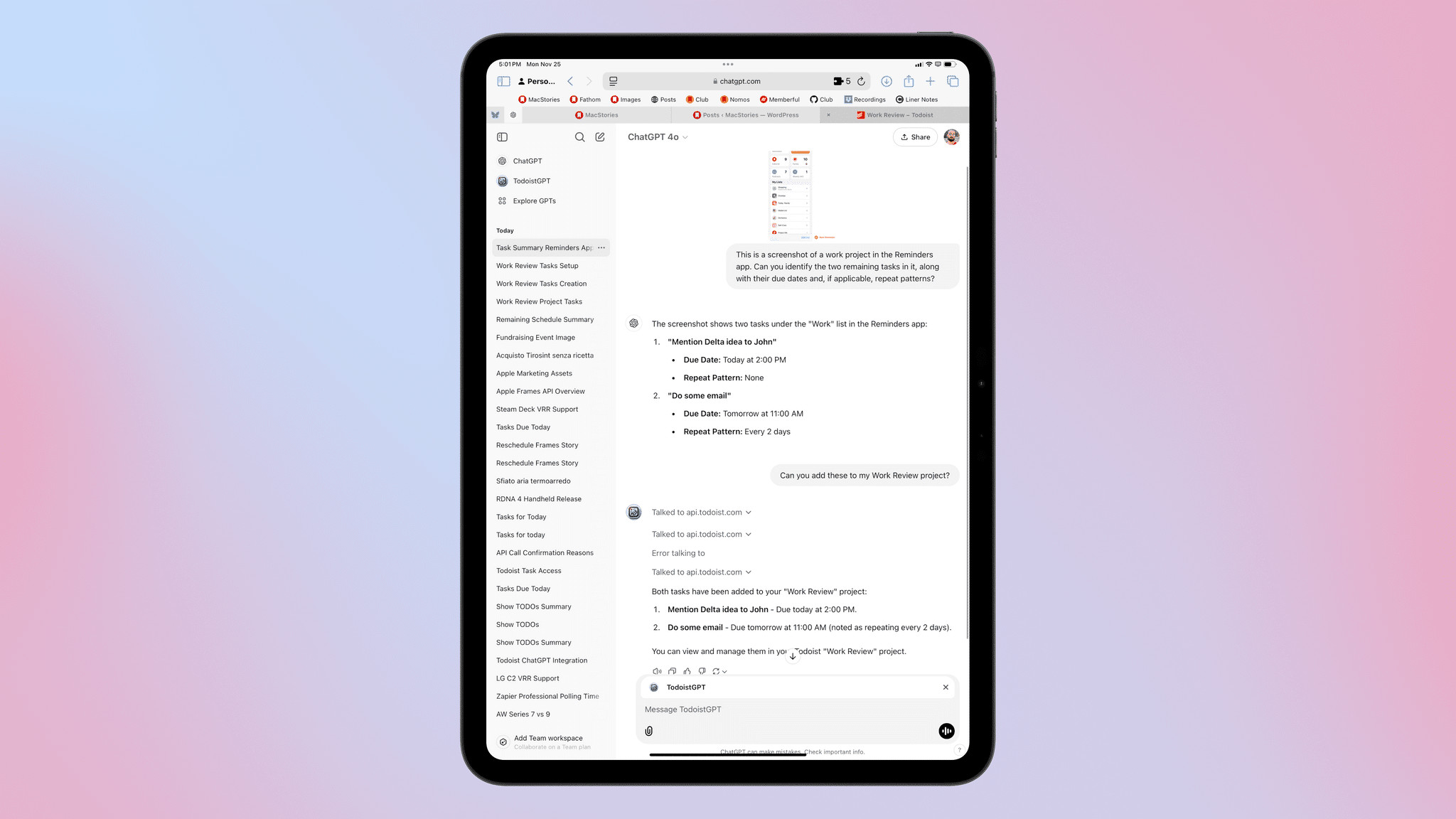 In ChatGPT, I was able to use its vision capabilities to extract tasks from a screenshot, then invoke a custom GPT to recreate them with the same properties in Todoist.