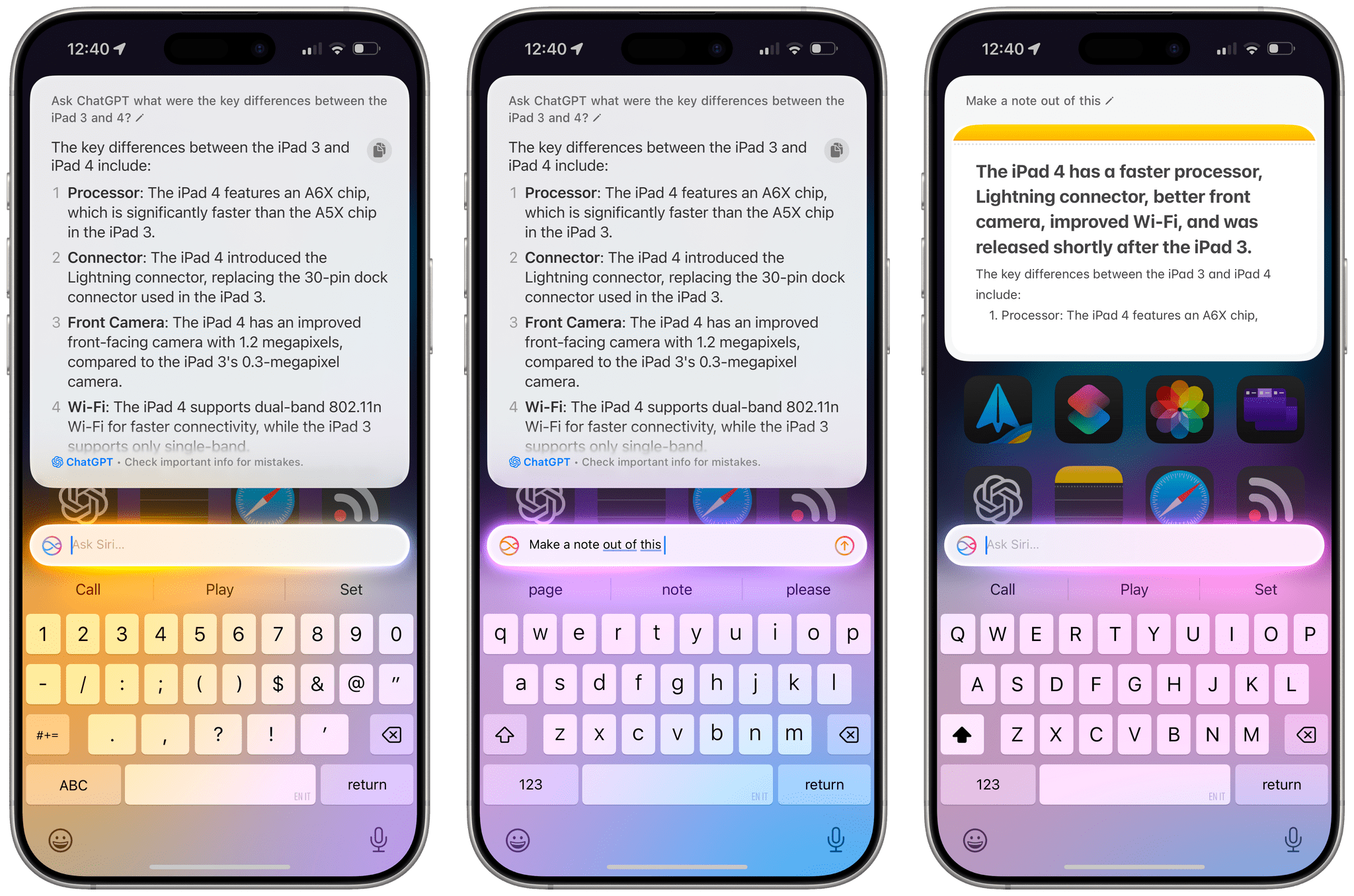 Saving a ChatGPT response in Siri as a new note.