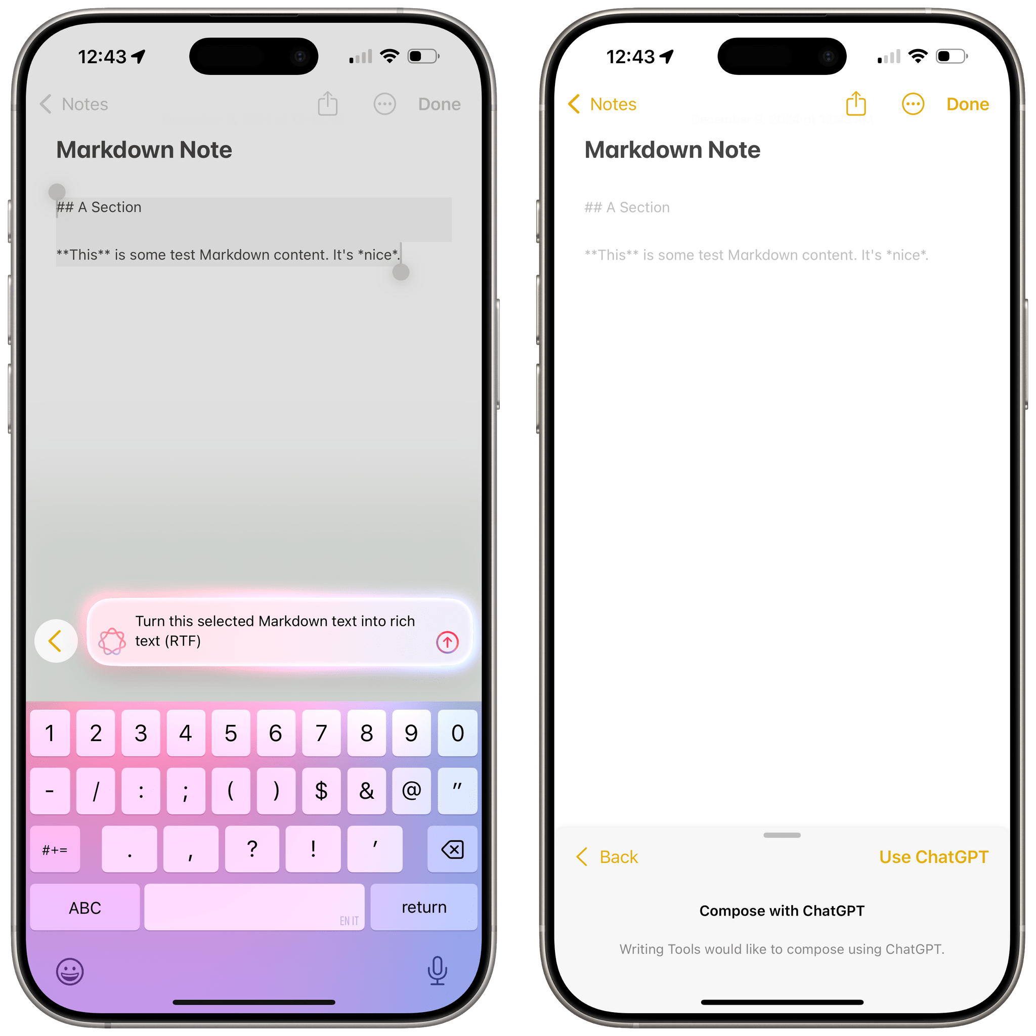 When I asked Apple Intelligence to convert Markdown to rich text, it asked me to do it with ChatGPT instead.