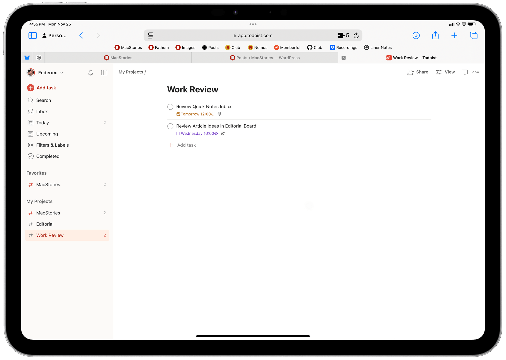 The tasks in Todoist.