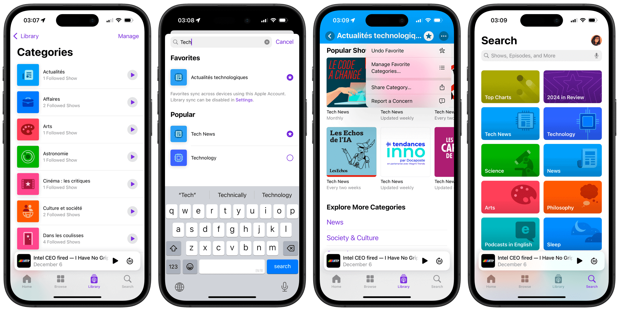 Favorite categories and the personalized Search tab in the Podcasts app