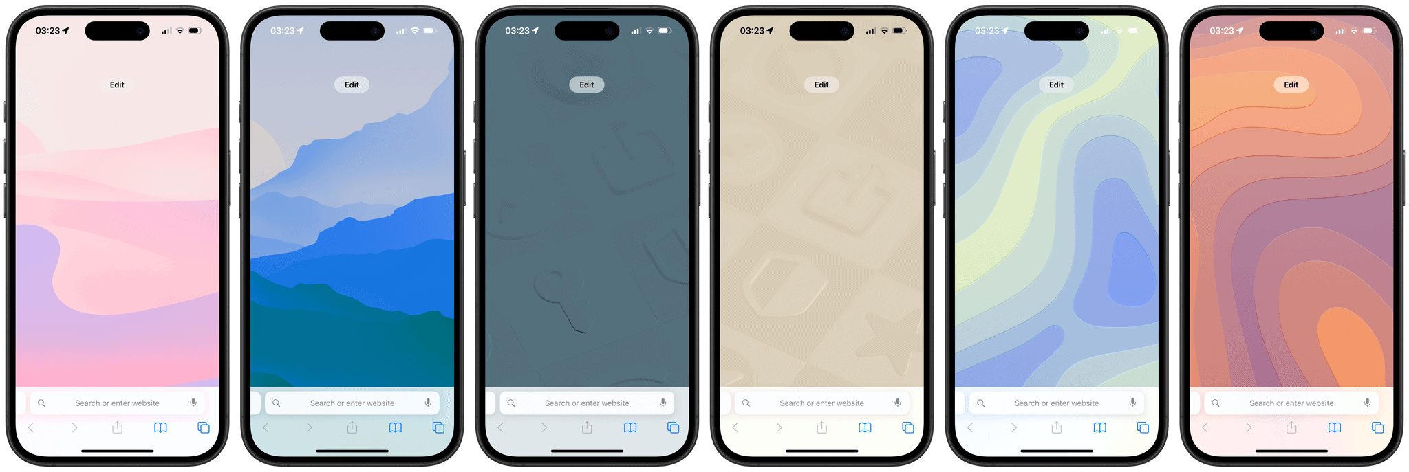 These are the six new background options for Safari in iOS and iPadOS 18.2. They are also available on the Mac in Sequoia 15.2.