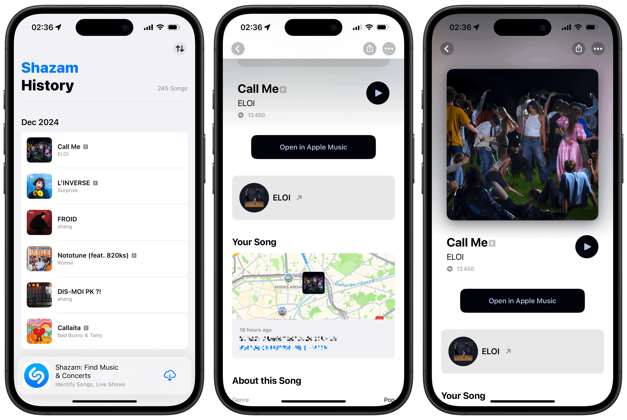A map pin is now included below each of your recently recognized songs.