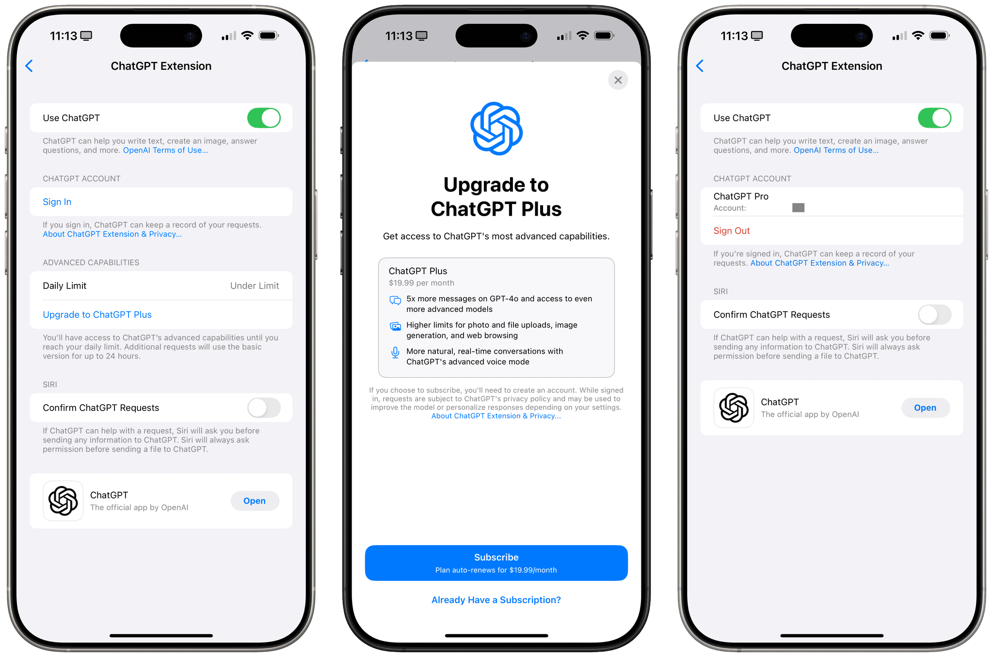 The ChatGPT login flow in Settings.