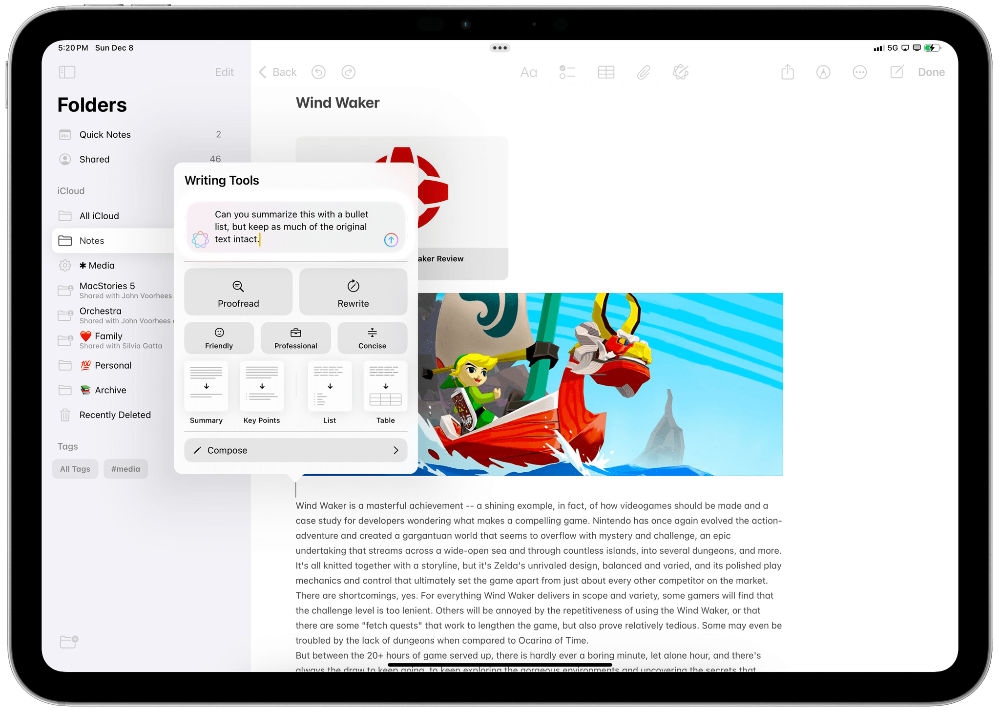 The updated Writing Tools in iPadOS 18.2.