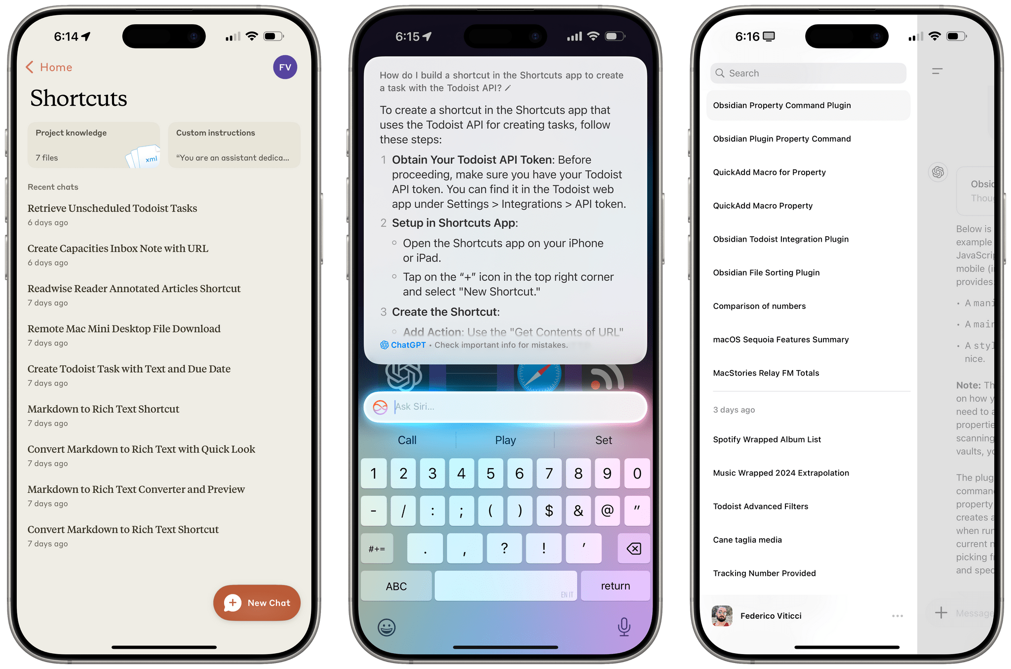 Do not expect the same chatbot experience as Claude (left) or ChatGPT (right) with the new ChatGPT integration in Siri.