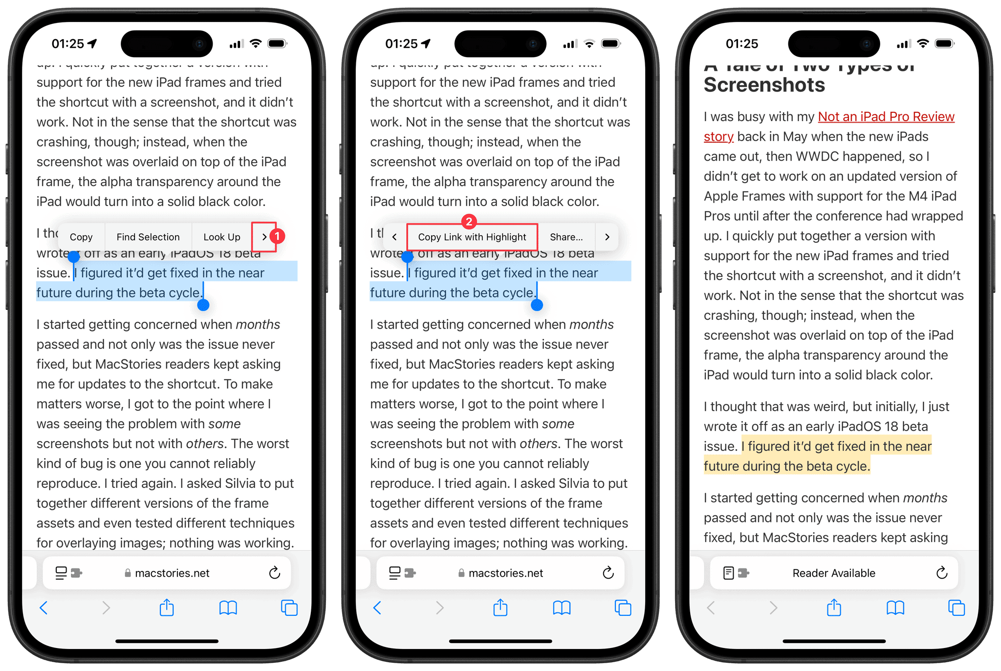 To share a highlighted portion of text on a web page in Safari, select the text, scroll the edit menu (1), and tap 'Copy Link with Highlight' (2). Anyone opening the link in a supported browser will automatically be directed to the highlighted text in yellow.