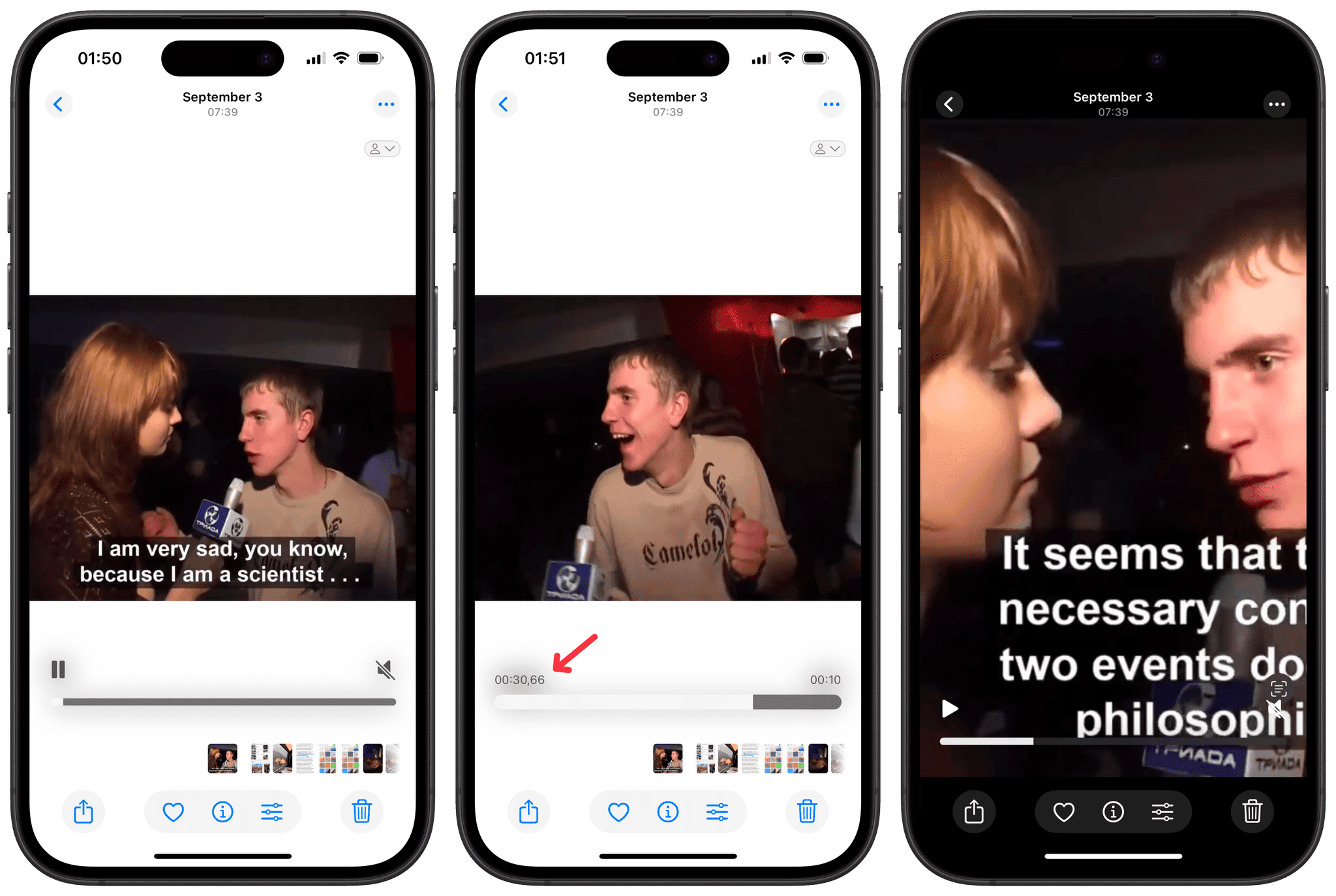 The improved video player in Photos now lets you scrub frame by frame, which is indicated by a decimal in the timecode above the scrubber.