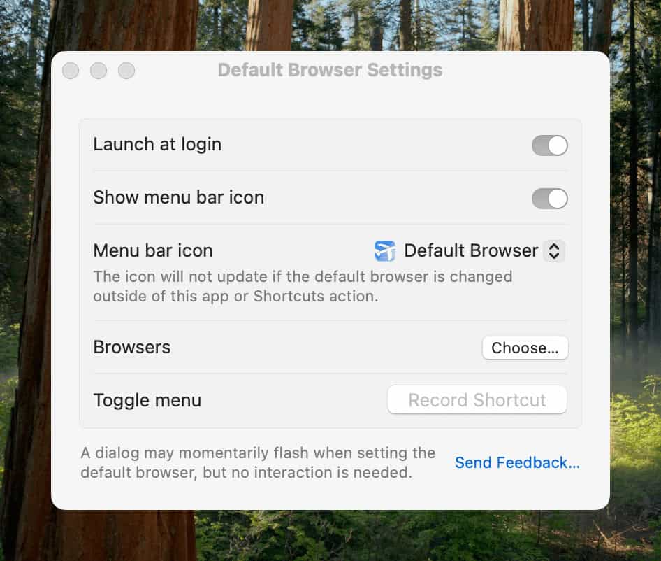 Default Browser includes several handy settings.