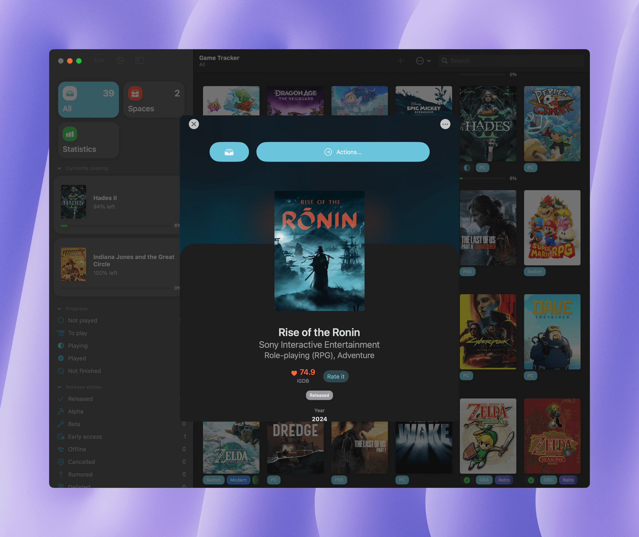 Game Tracker on the Mac in dark mode.