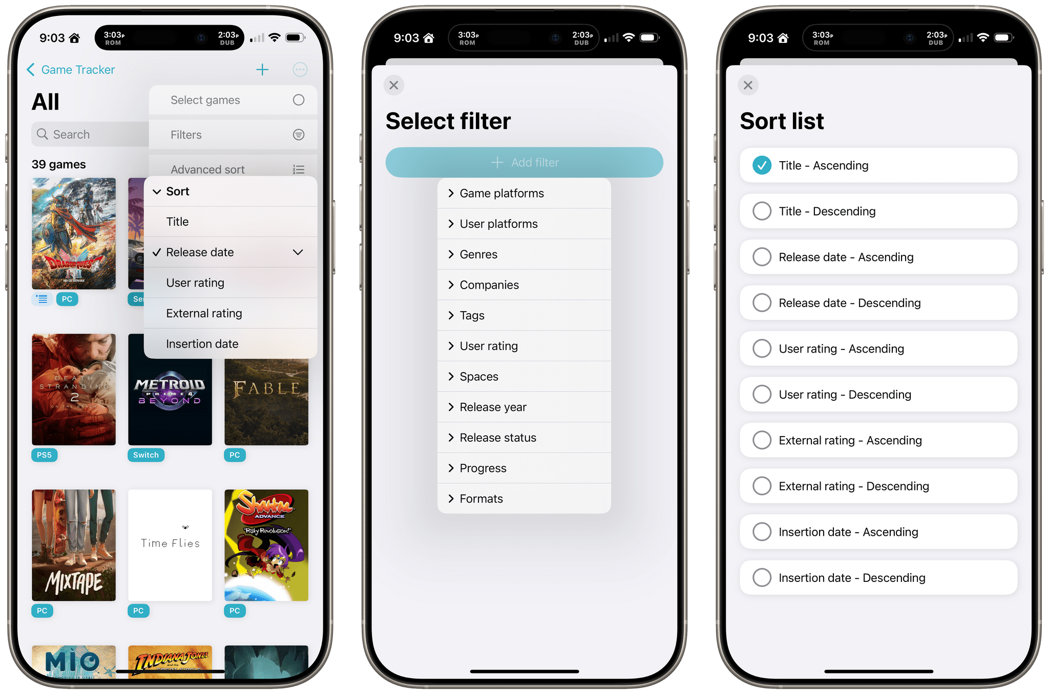 Sort options (left), filters (center), and advanced sorting (right).