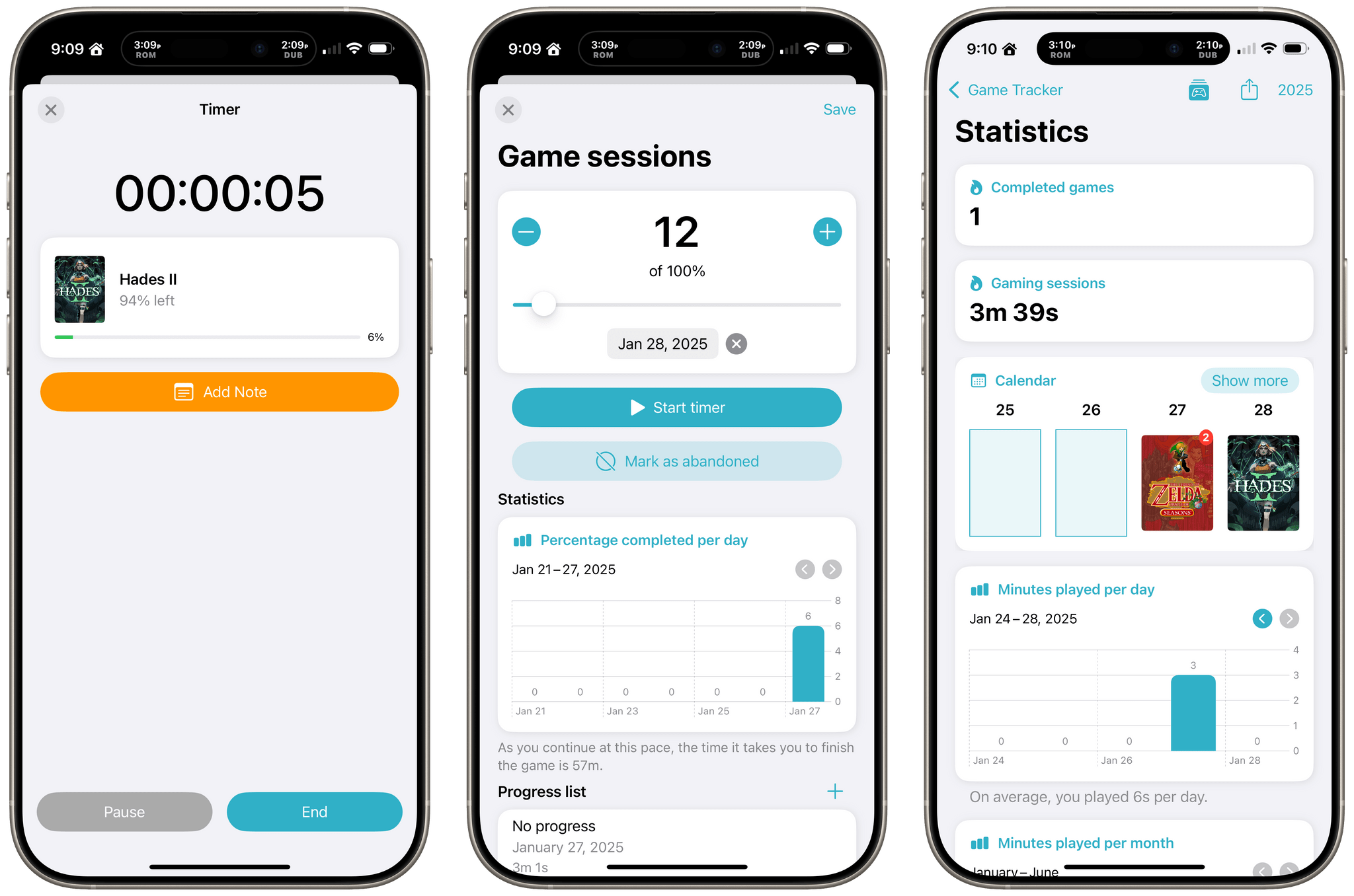 Tracking time played with timers and Game Tracker's Stats view.