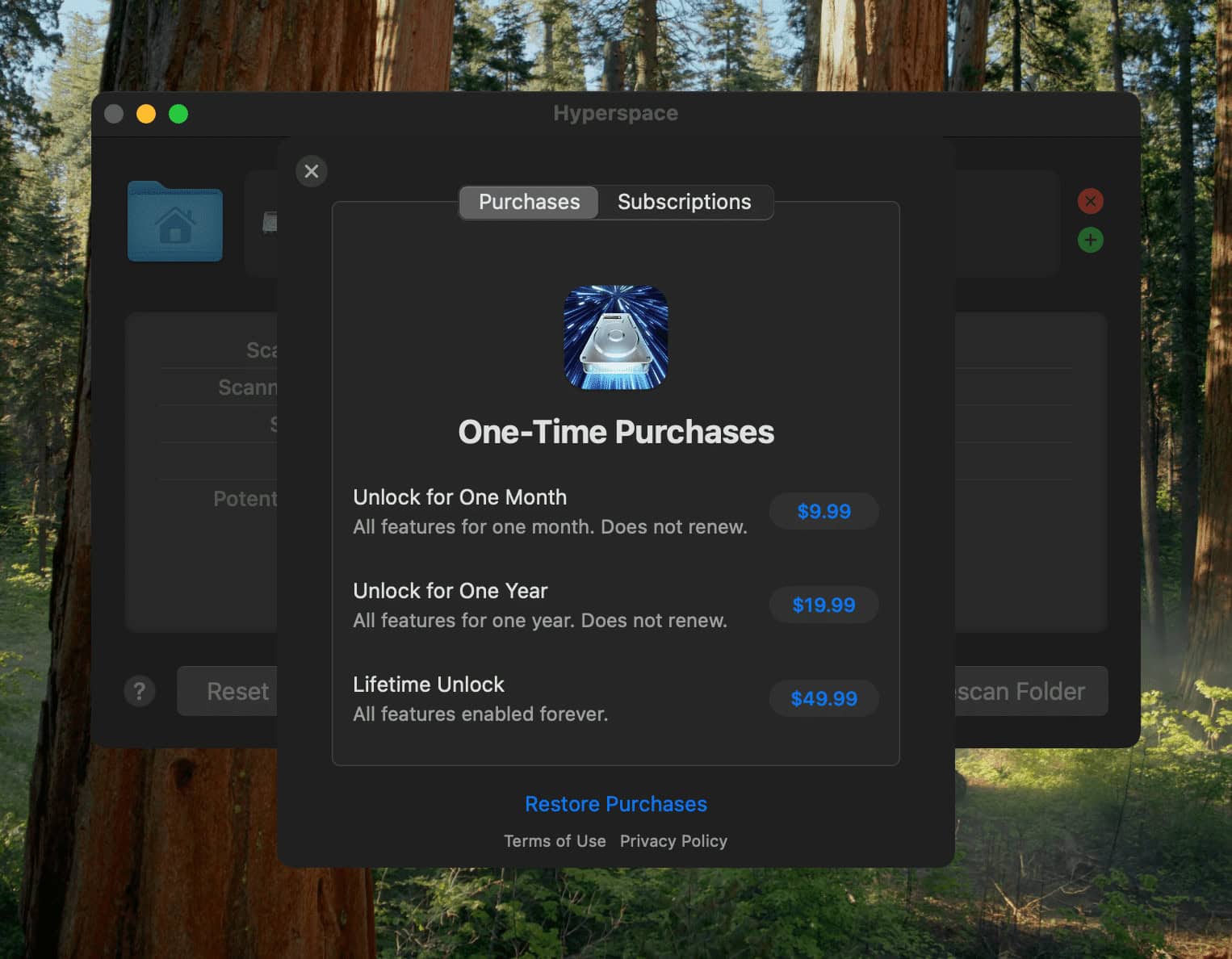 Hyperspace requires a subscription or one-time purchase to reclaim space.