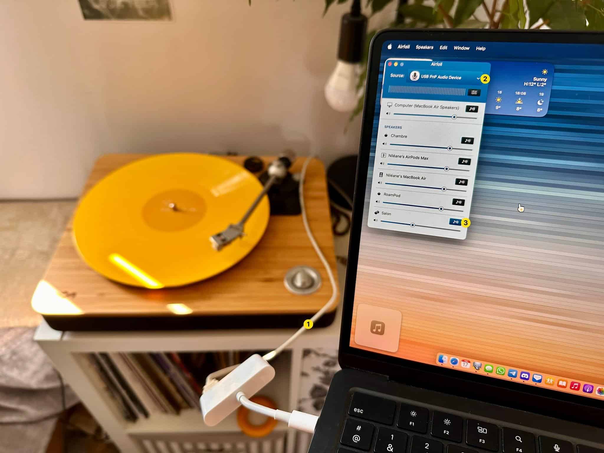 With my MacBook Air connected to the record player via USB (1), I am able to launch Airfoil and use the app to stream the input audio source (2) to our living room HomePod minis (3).