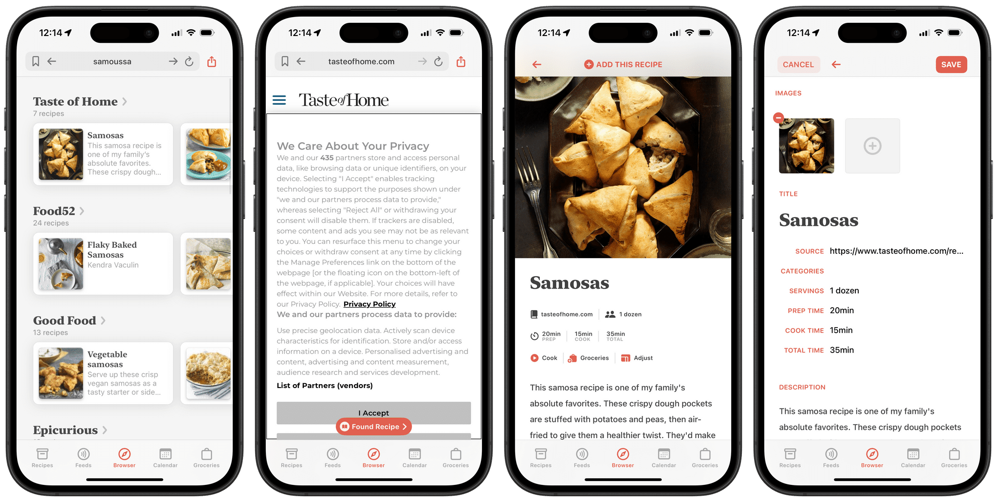 Searching for samosa recipes via Mela's new Web Recipe Search.