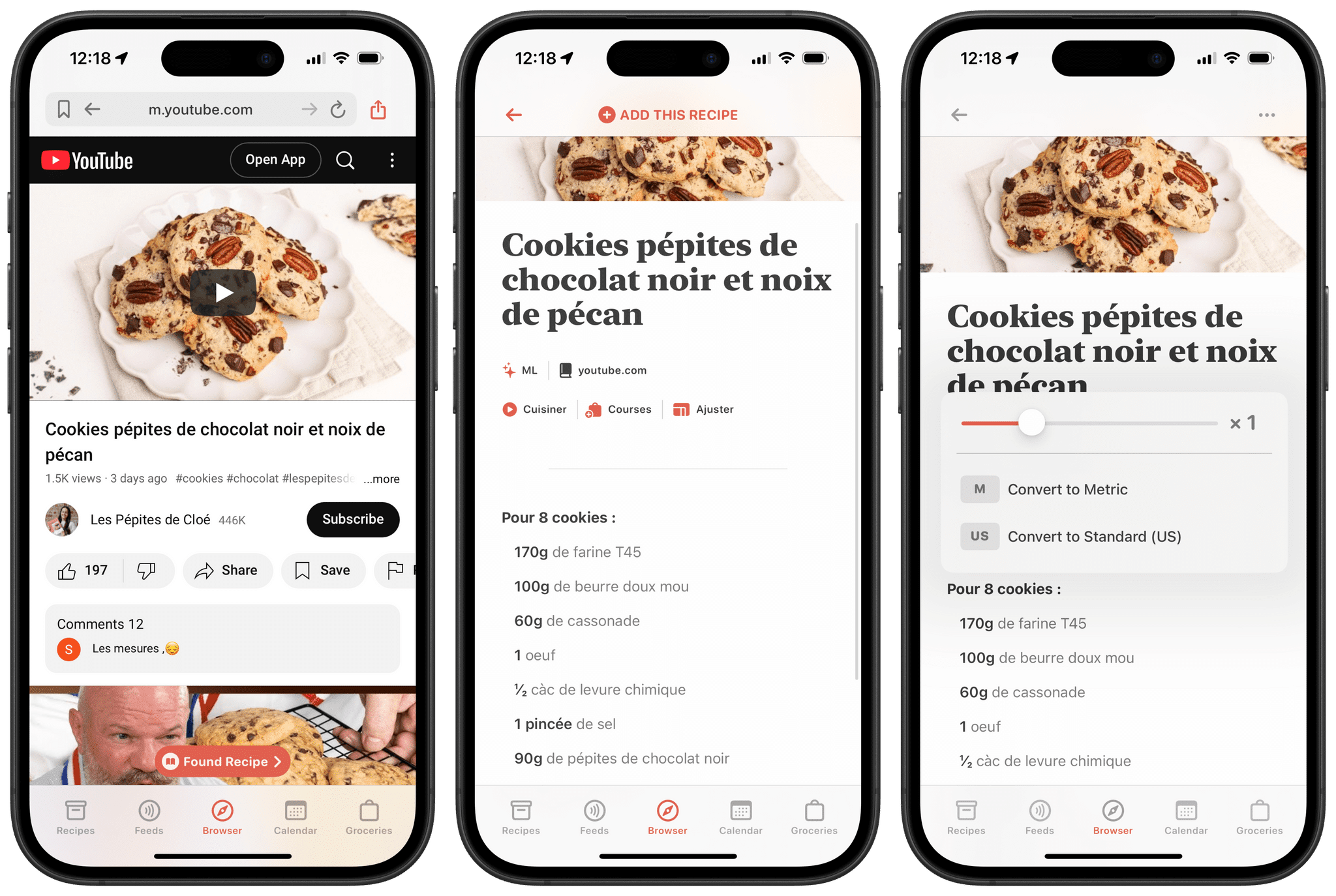 I successfully imported a cookie recipe from a French YouTube channel. Just like with other imports, Mela lets you easily adjust the number of portions and changes the ingredient quantities accordingly.