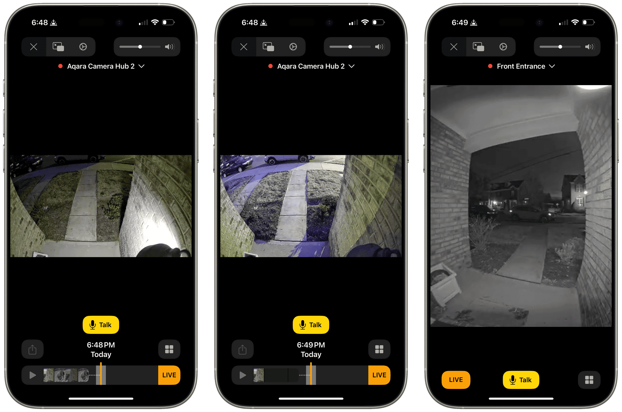 At night, the G5 Pro with its outdoor light on (left), the G5 Pro with its outdoor light off (center), and the ecobee doorbell's camera (right).