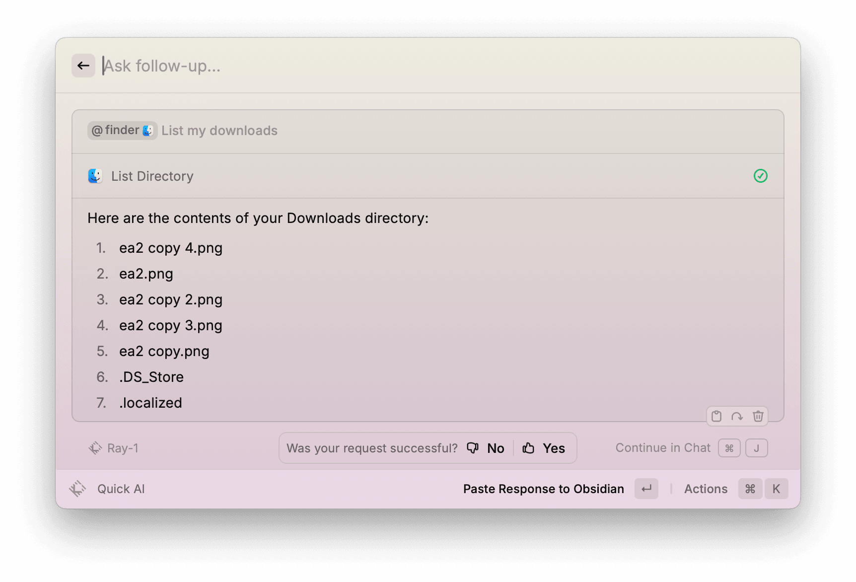 Prompt: "@finder List my downloads."