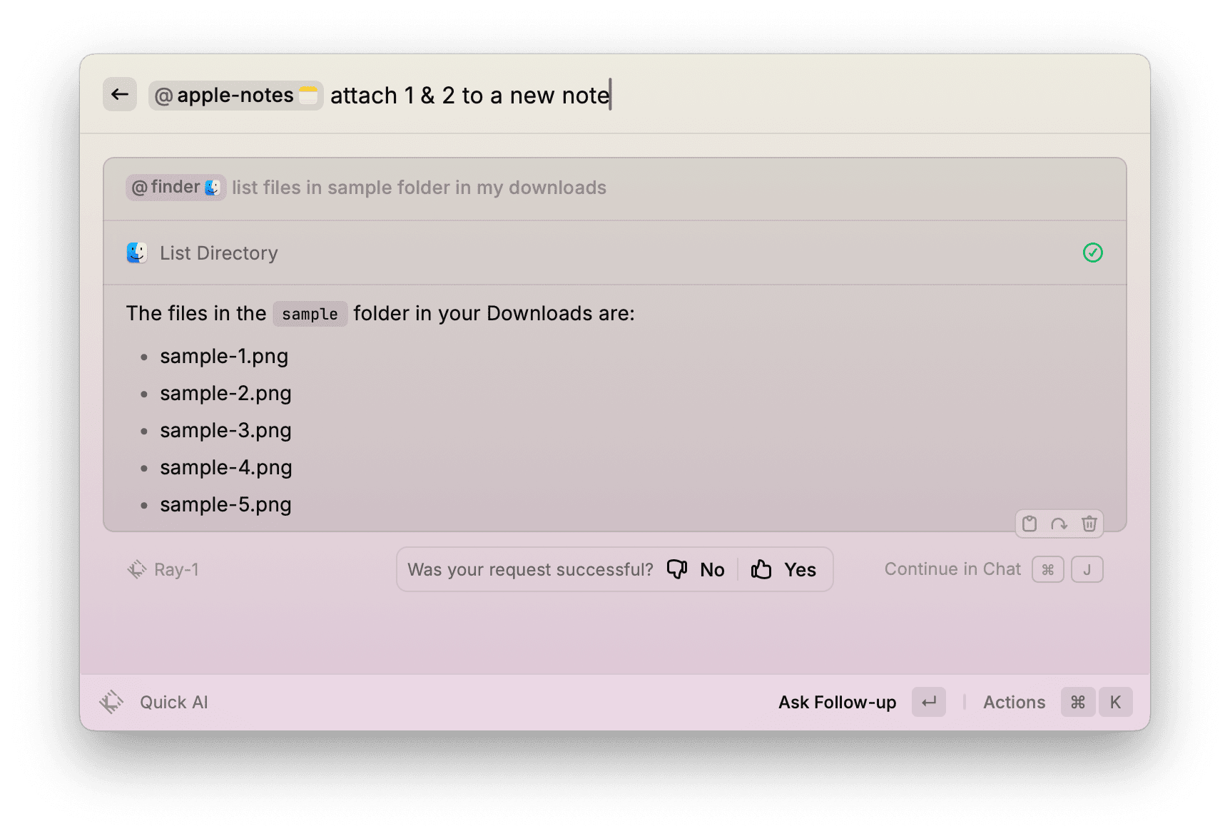 Follow-up prompt: "@apple-notes Attach 1 & 2 to a new note."