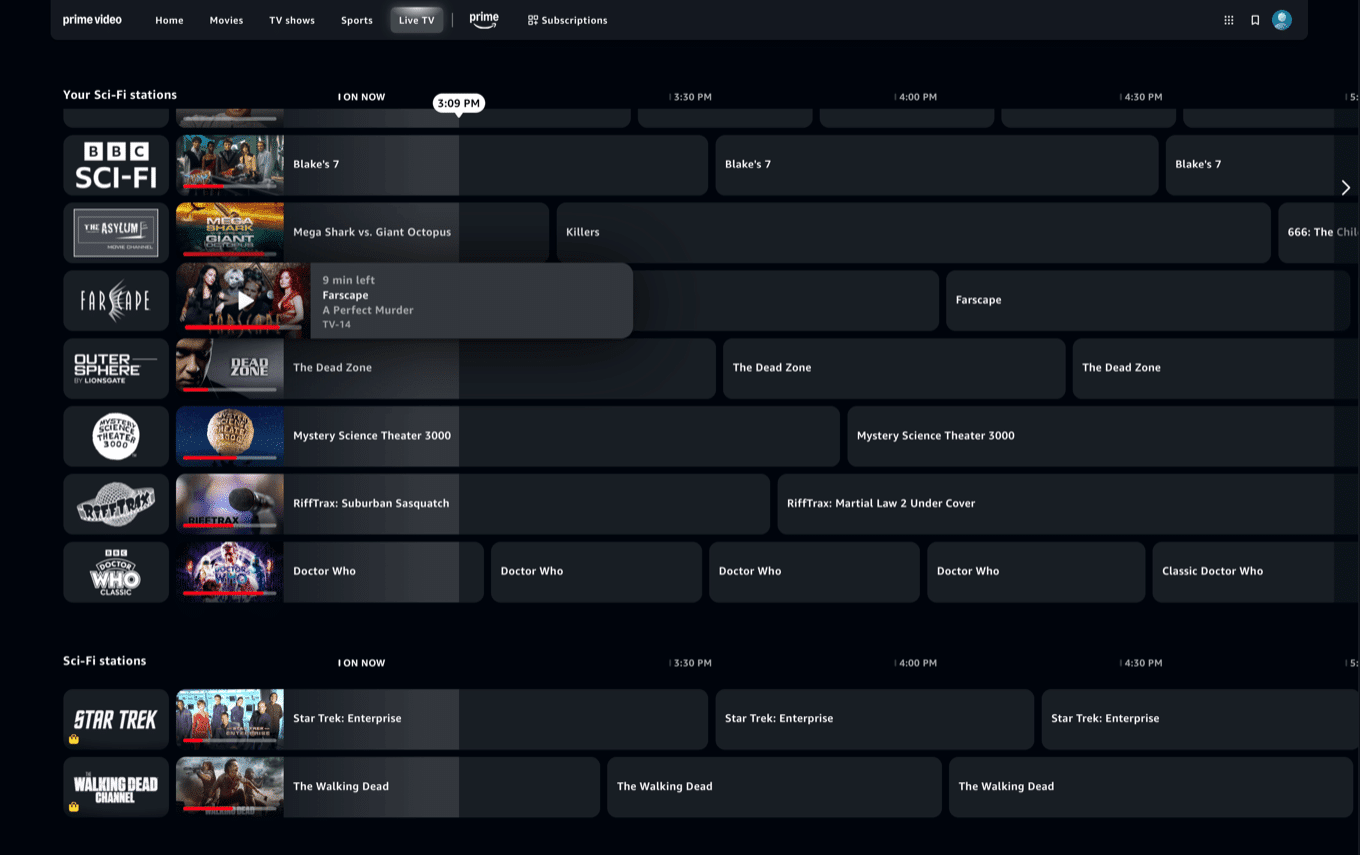 a programming guide showing the web interface for Amazon's FAST offering.