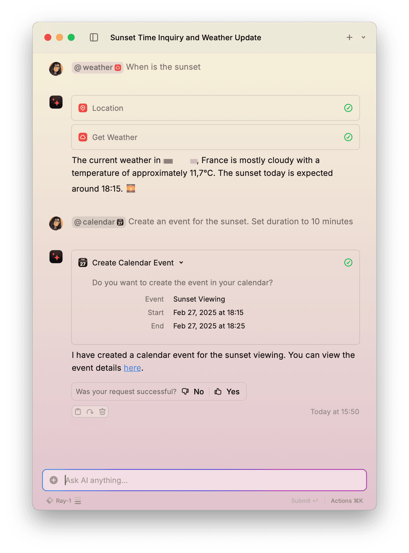 Combining the Weather and Calendar AI Extensions to create an event at sunset.