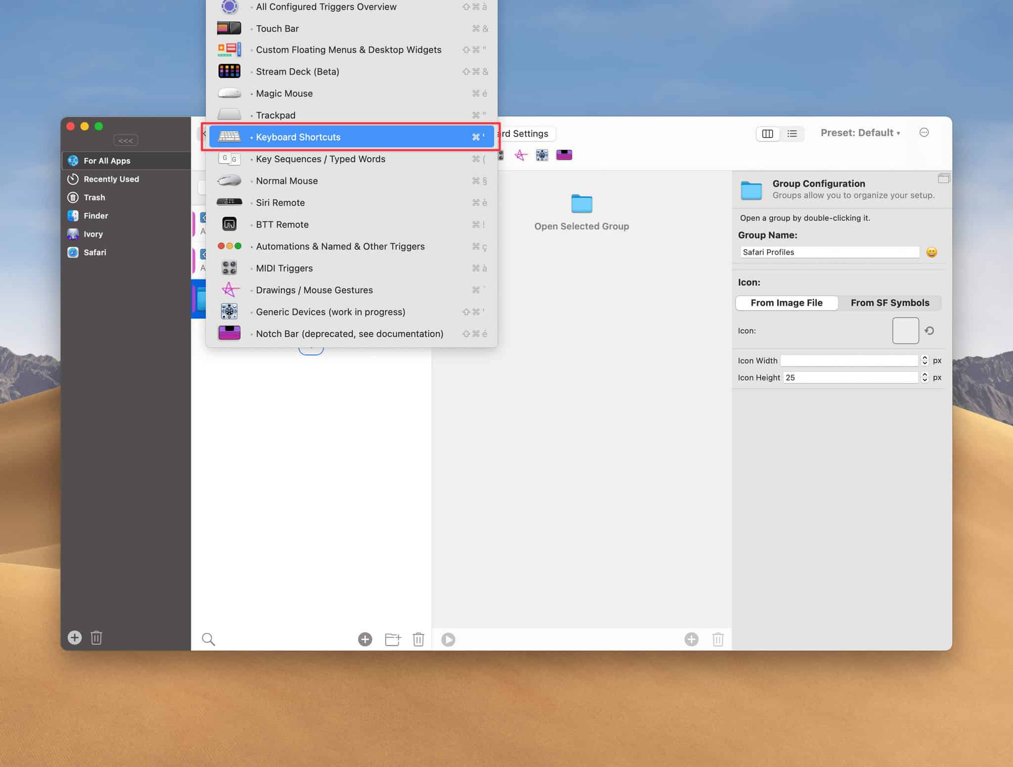 In BetterTouchTool, navigate to the Keyboard Shortcuts section.
