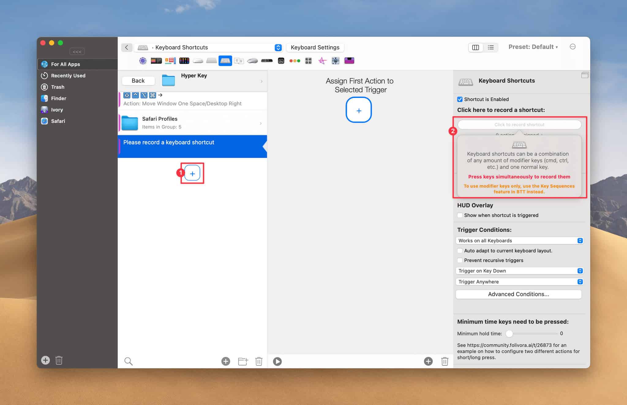 Click the '+' button (1), then press the Caps Lock key to record it (2).