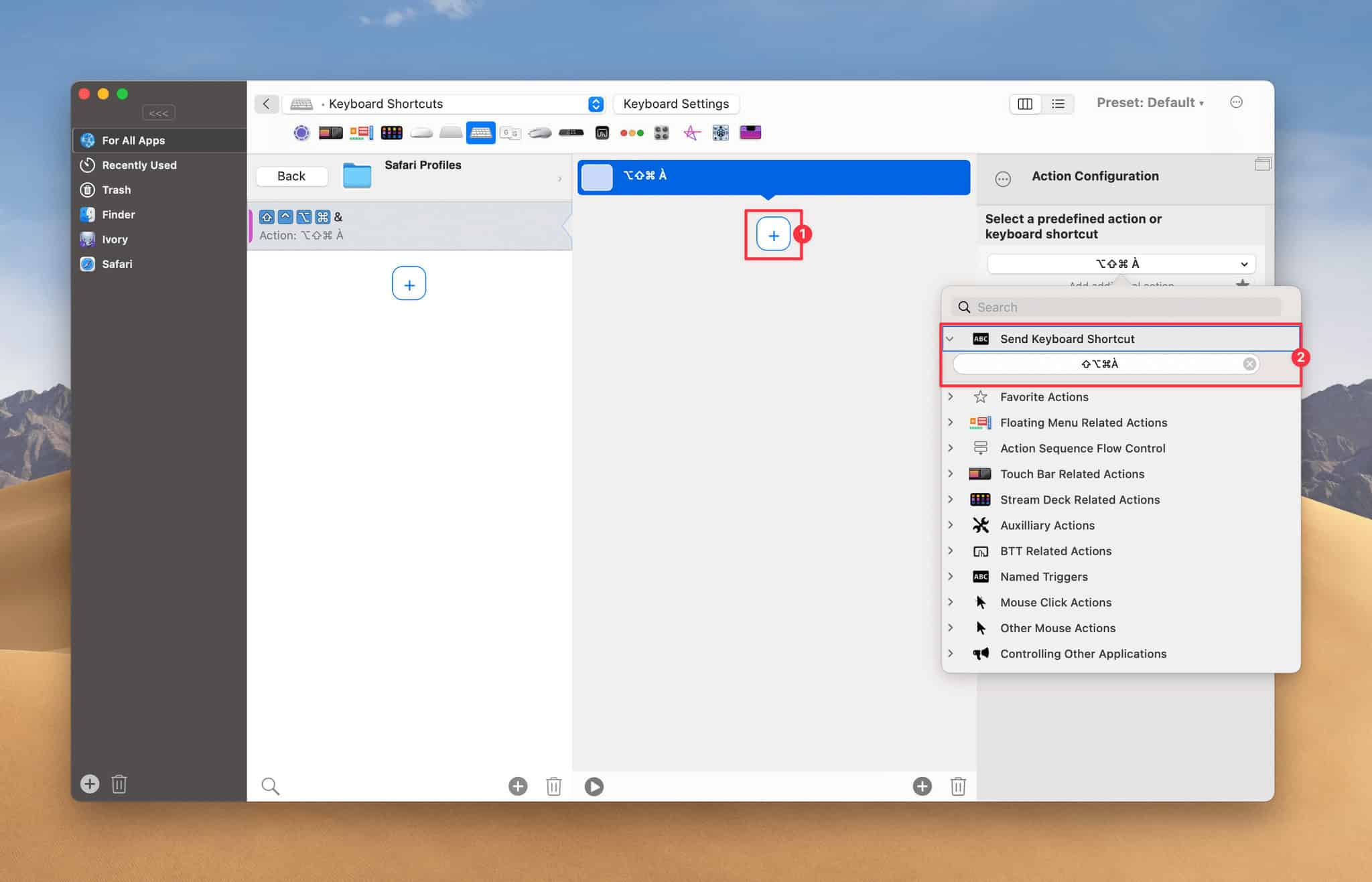 In the second column, click the '+' button to add a new action (1), select 'Send Keyboard Shortcut', then press the keyboard shortcut corresponding to your default Safari profile (2).