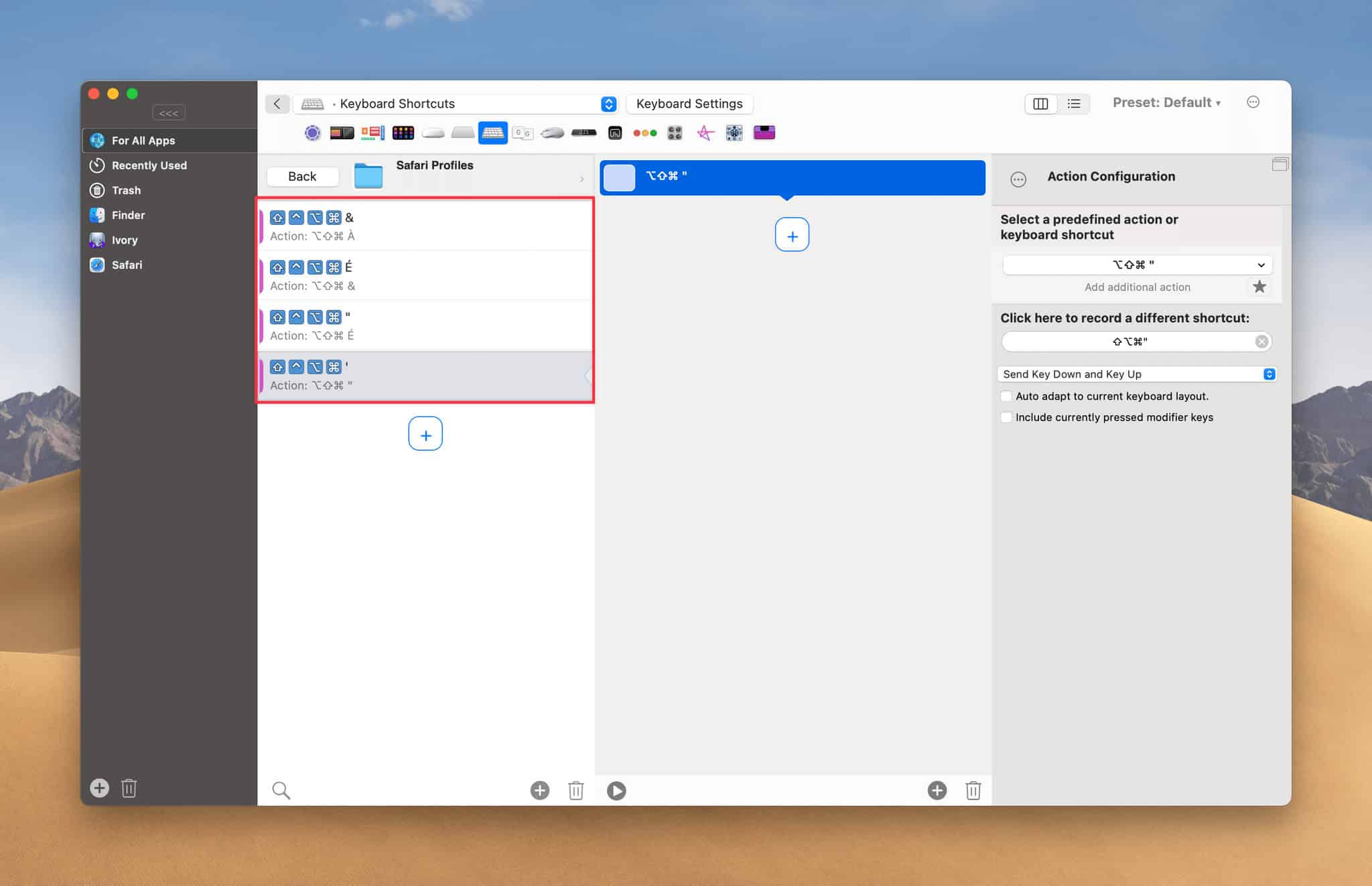Repeat the process for each of your Safari profiles and their corresponding default keyboard shortcuts.