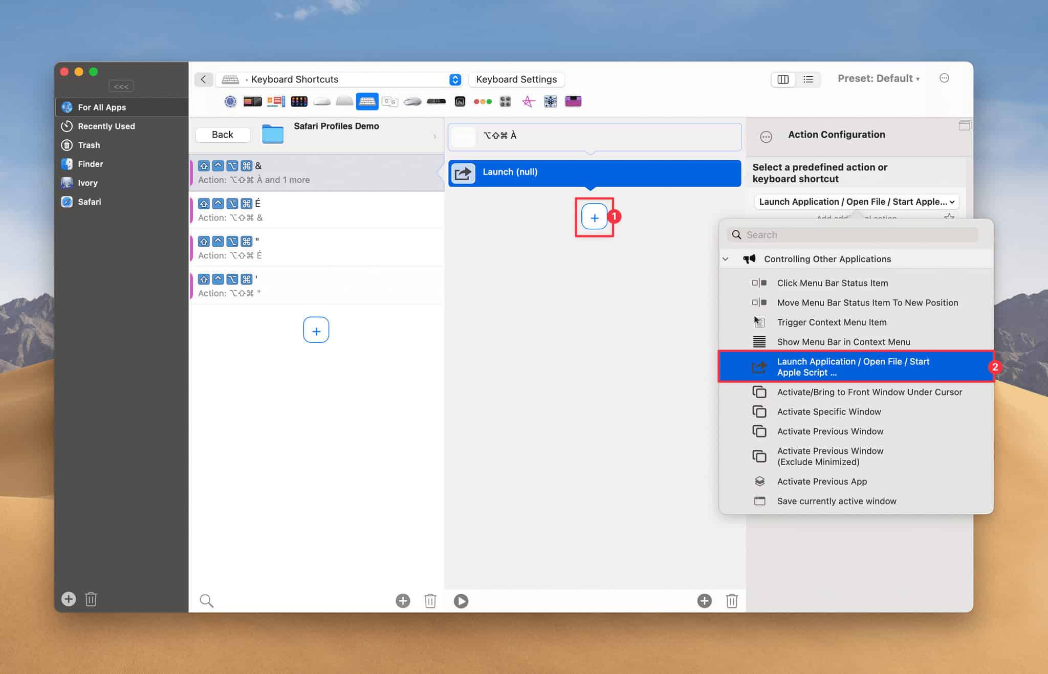 Select one of the Hyper key shortcuts you just created, click the '+' button to add a new action (1), select 'Launch Application' in the list of available actions (2)…